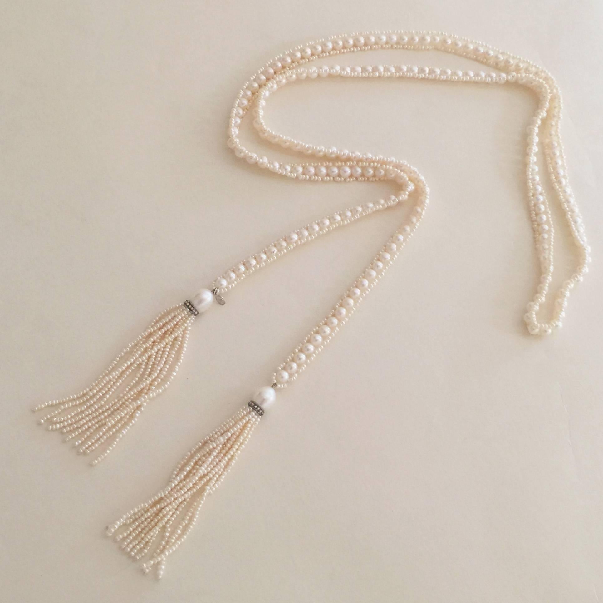 Marina J intricately Woven Pearl Sautoir with Pearl Tassels  Diamond rondales  In New Condition For Sale In Los Angeles, CA