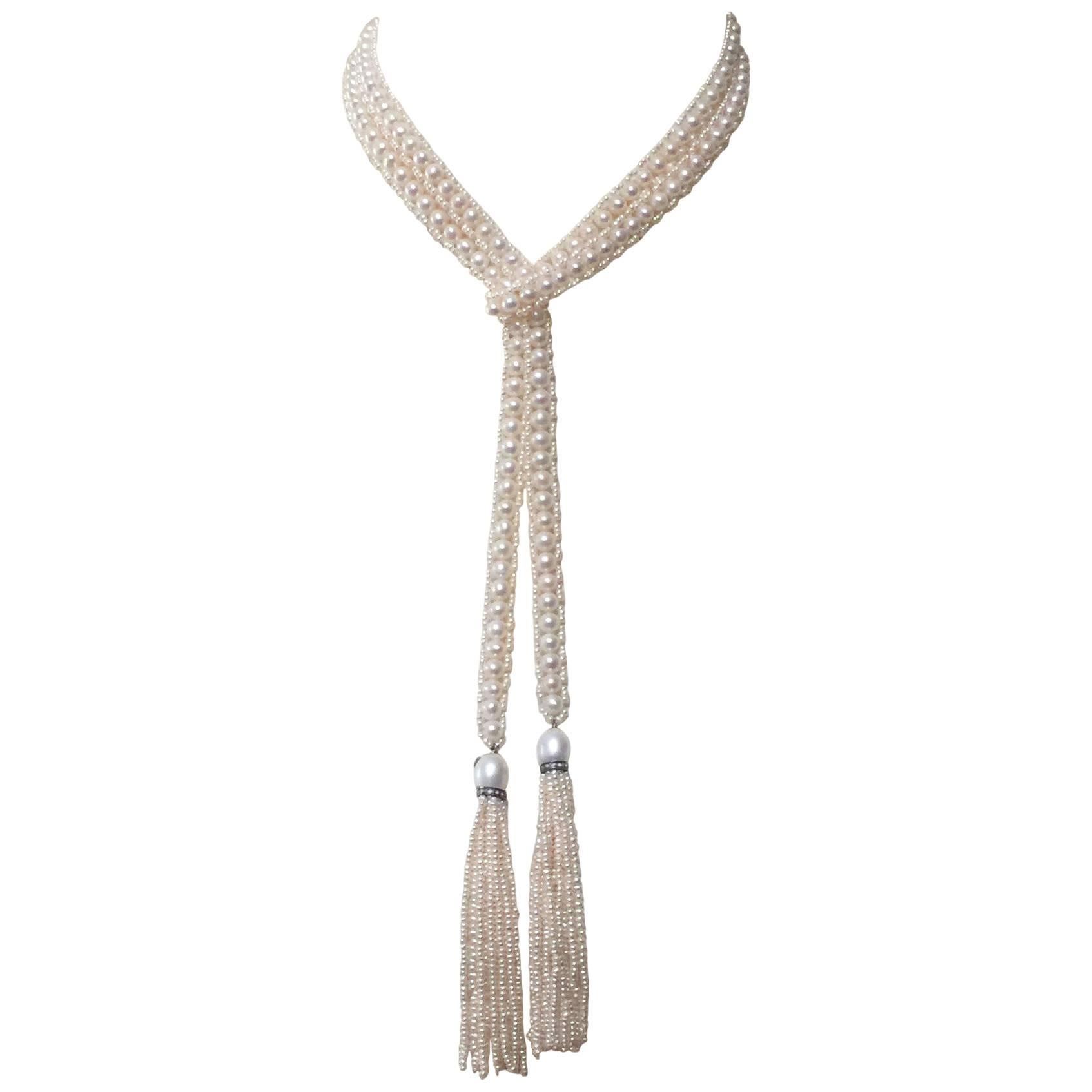 Marina J intricately Woven Pearl Sautoir with Pearl Tassels  Diamond rondales  For Sale