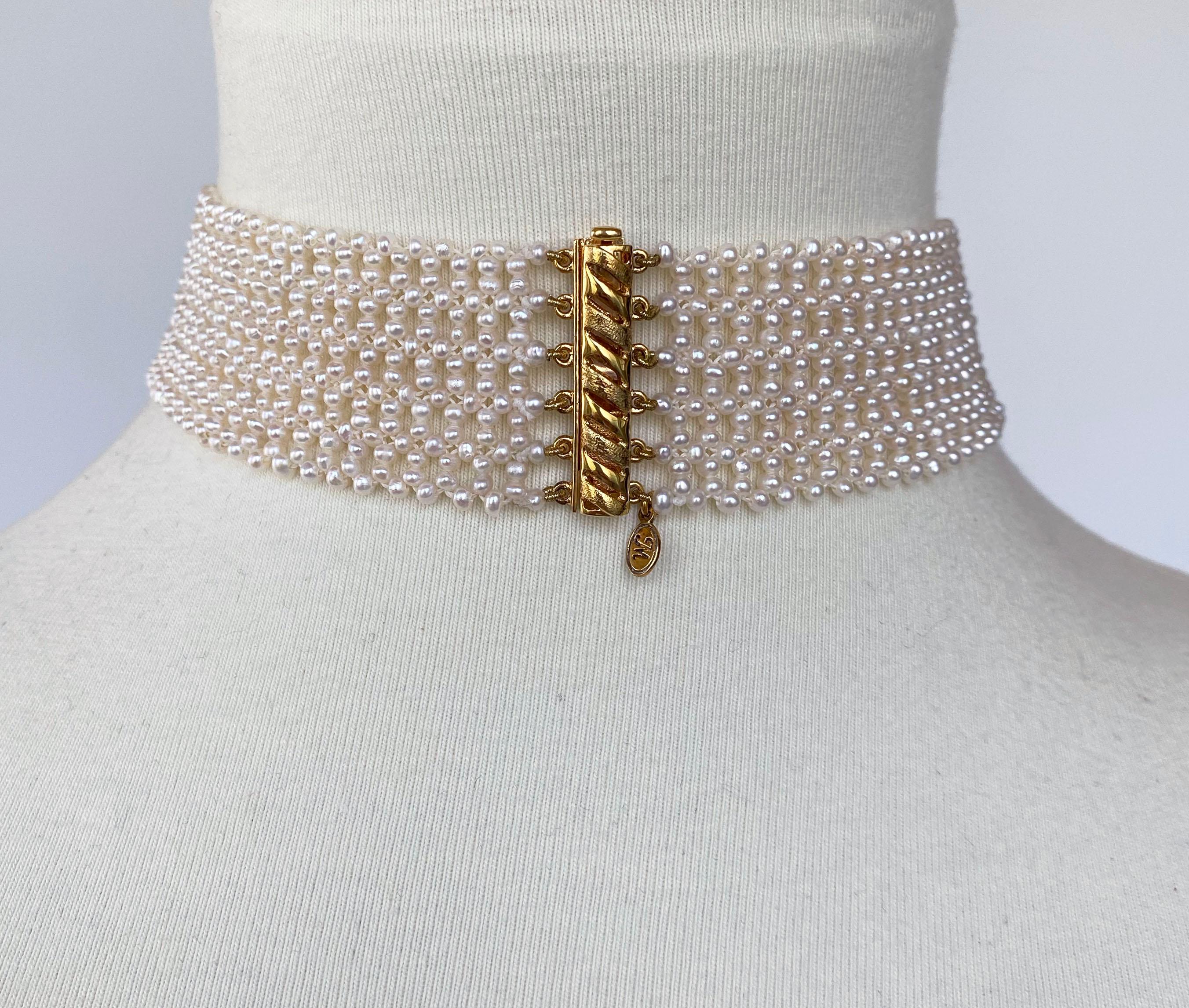 Artisan Marina J Intricately Woven White Seed Pearl Choker with Gold plated Silver Clasp