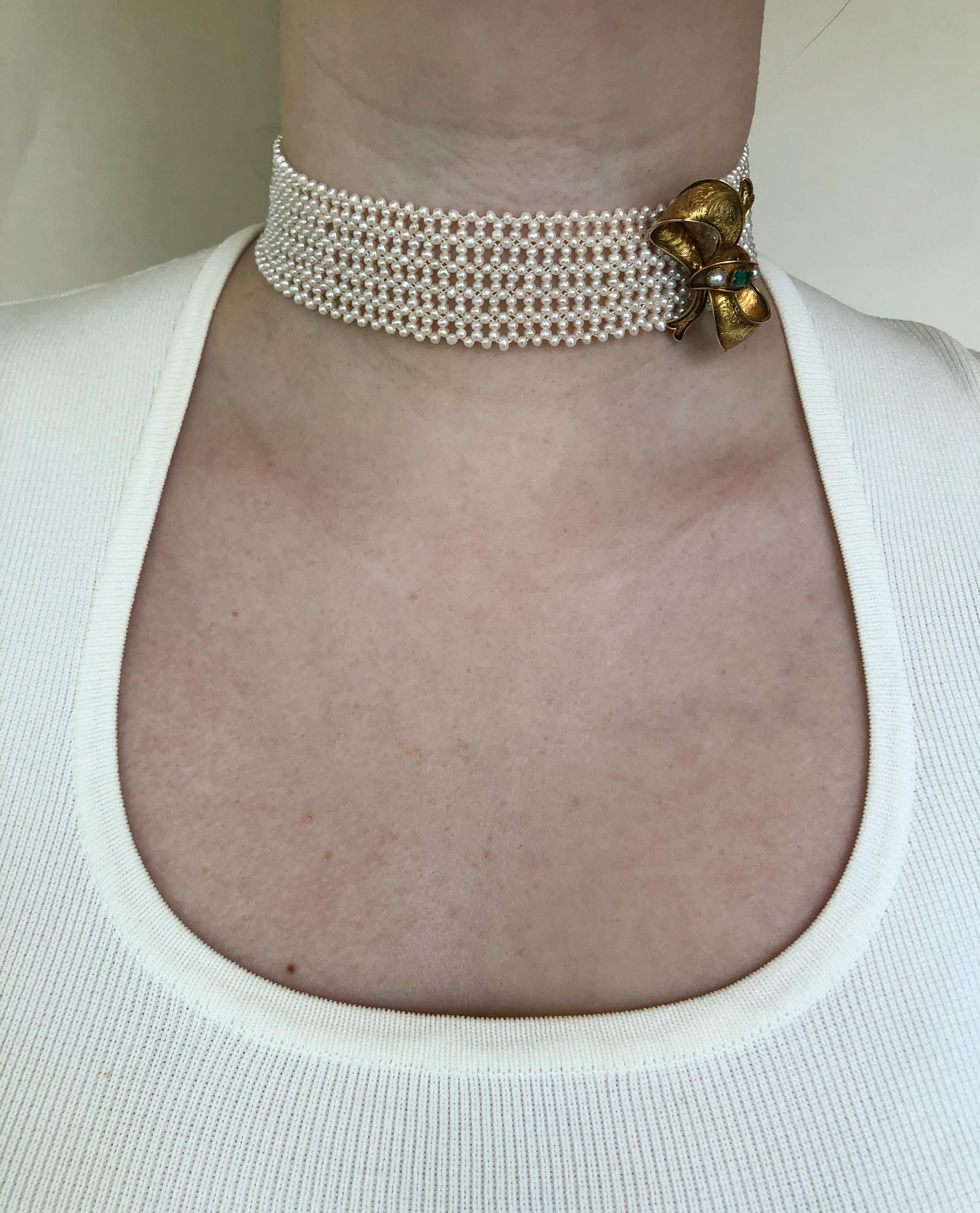 Marina J Intricately Woven White Seed Pearl Choker with Gold plated Silver Clasp 7