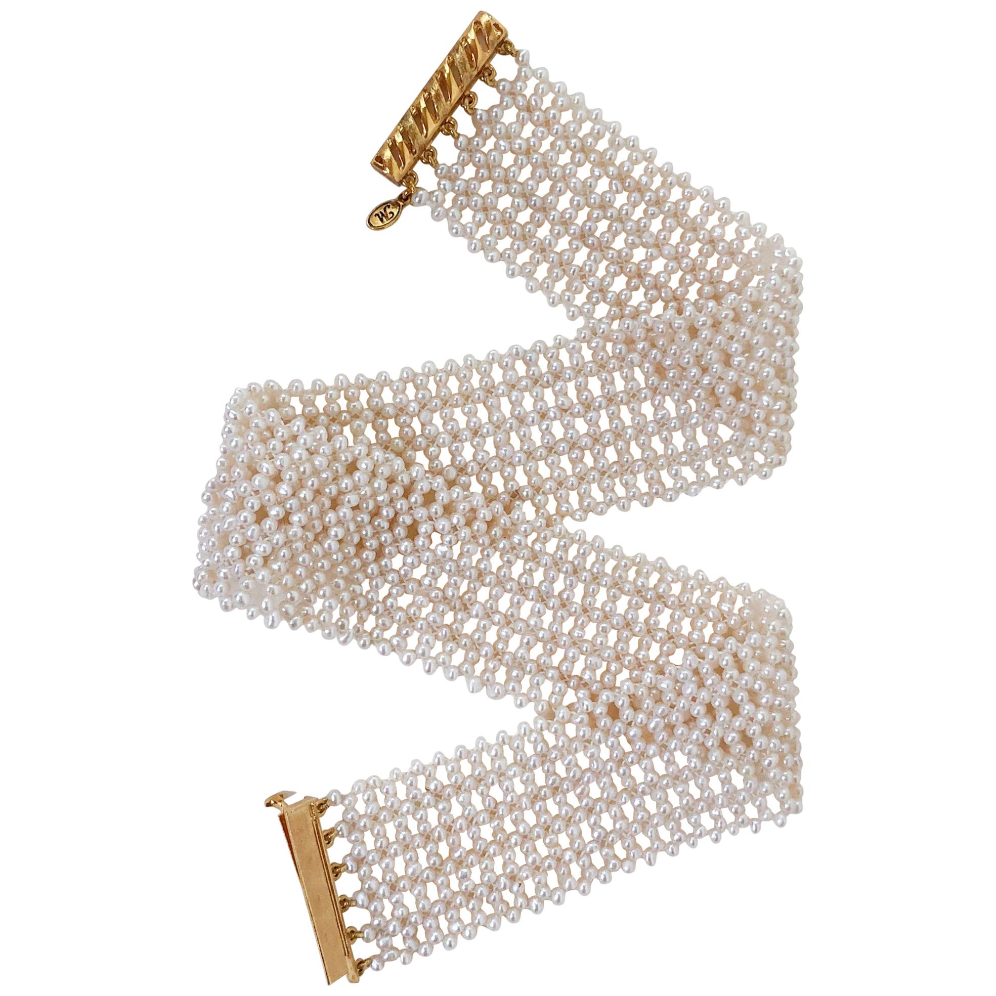 Marina J Intricately Woven White Seed Pearl Choker with Gold plated Silver Clasp