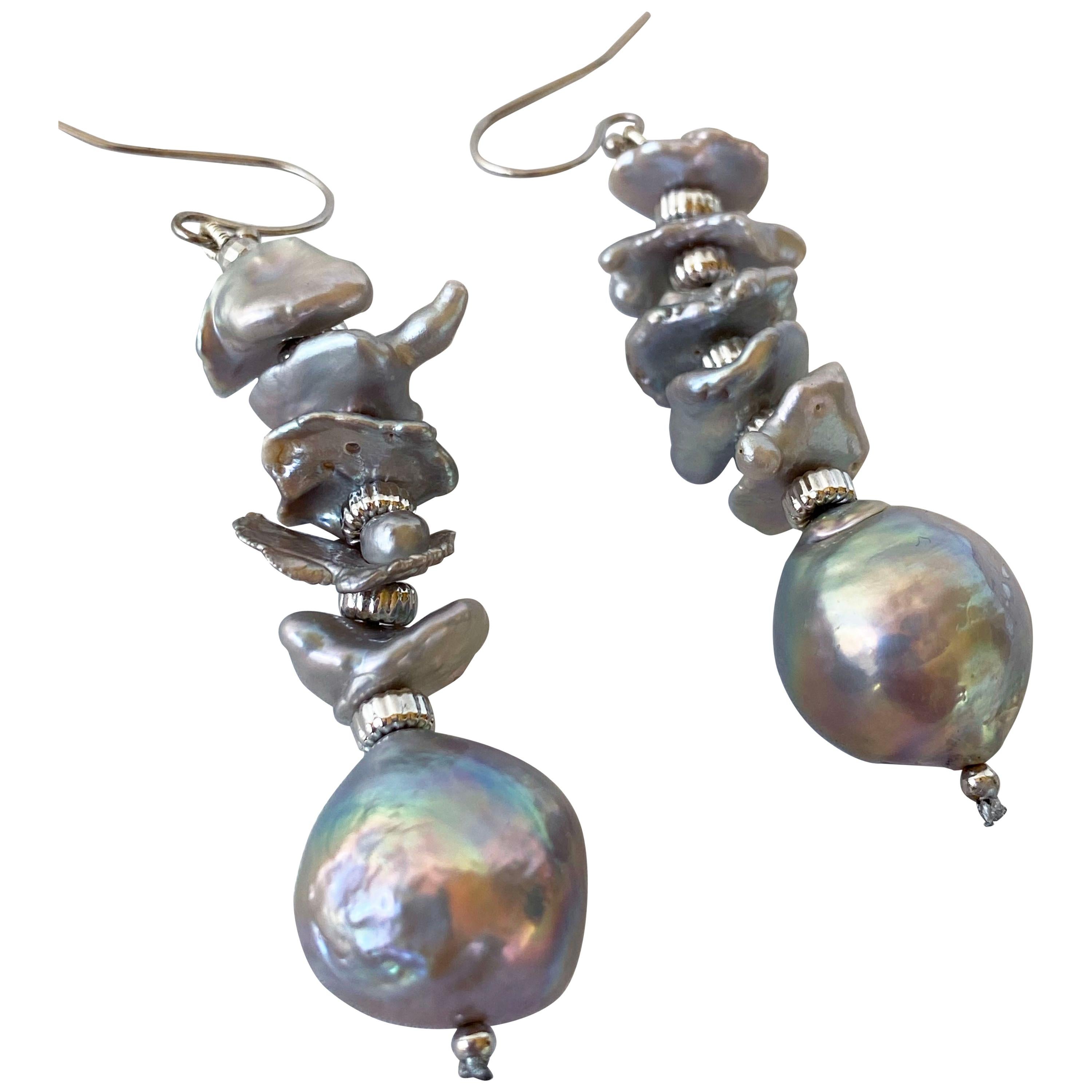 Marina J. Irregular Dangle Earrings with Large Baroque Grey Pearl and 14K Gold