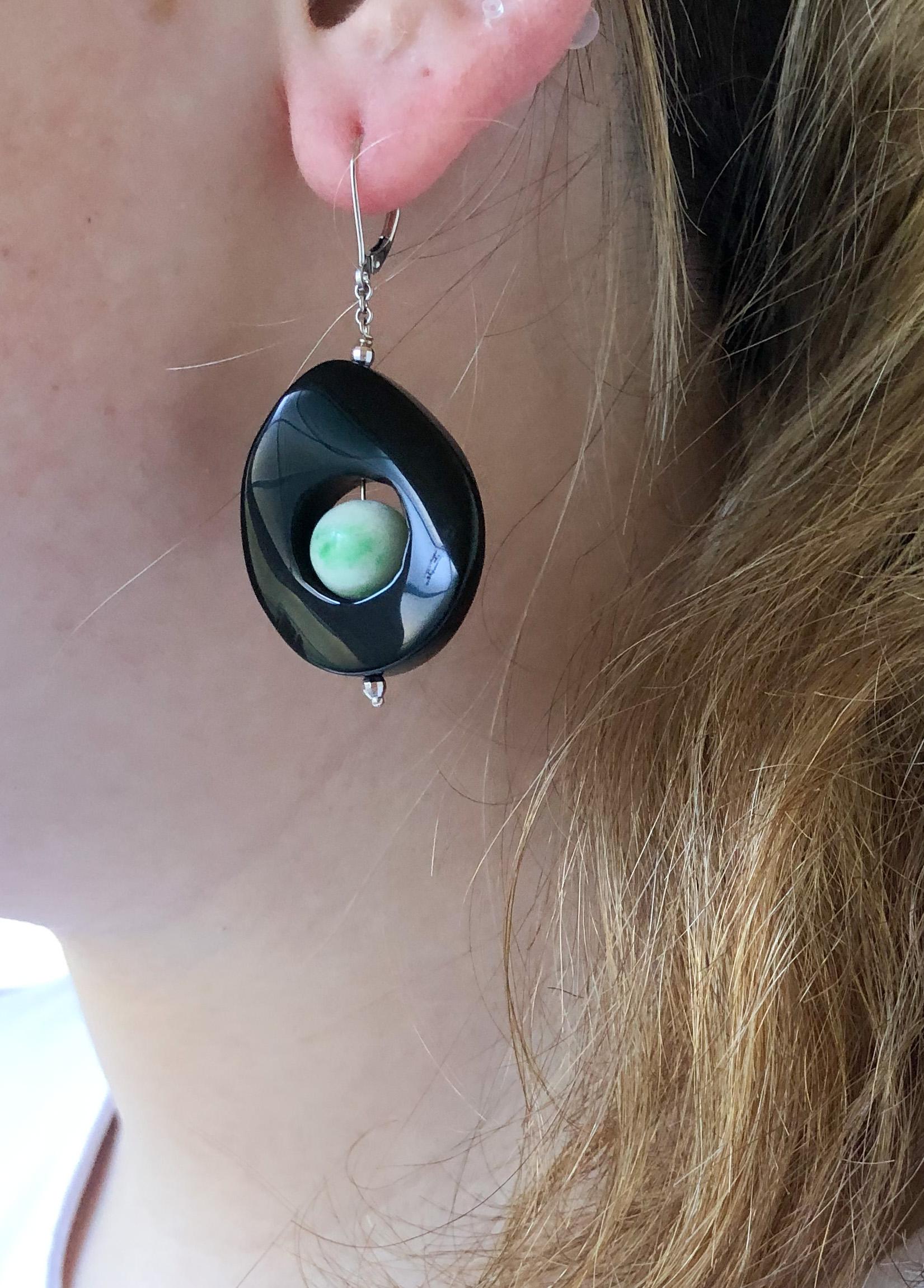 Artisan Marina J. Jade and Onyx Drop Earrings with 14 Karat White Gold For Sale