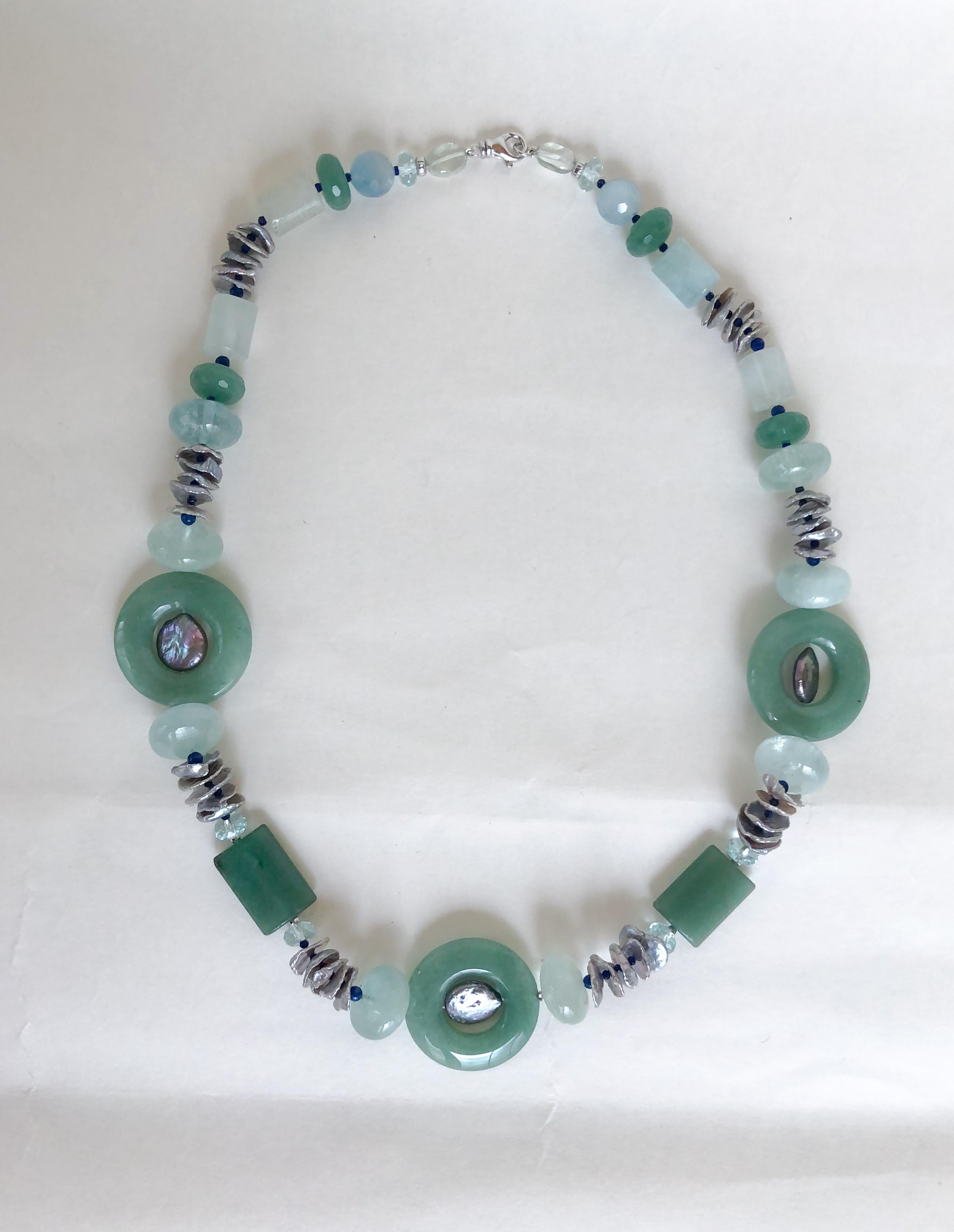 Artisan Marina J. Jade, Aquamarine, Lapis Lazuli, Aventurine and Grey Pearl Necklace For Sale