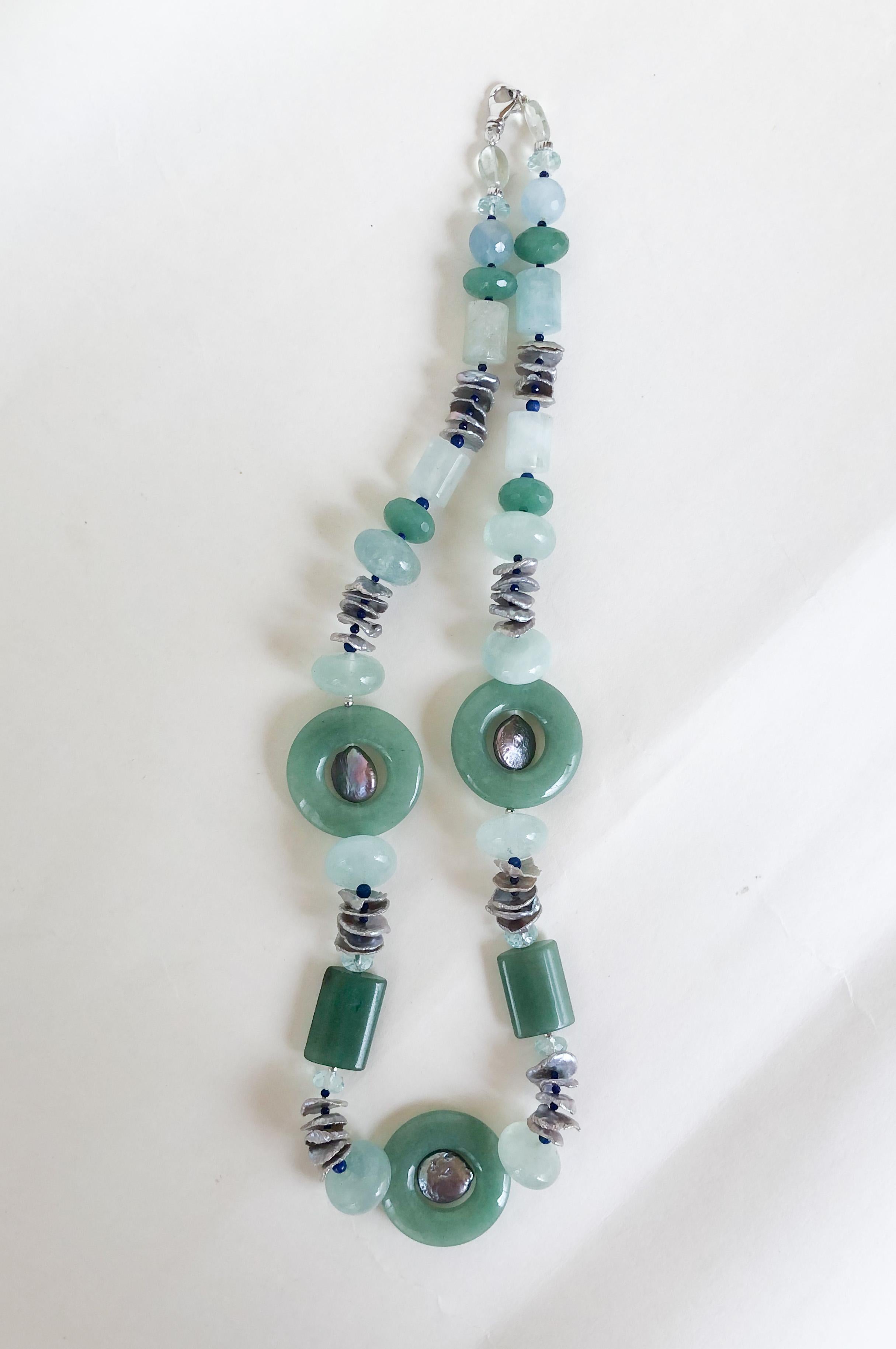 Marina J. Jade, Aquamarine, Lapis Lazuli, Aventurine and Grey Pearl Necklace In New Condition For Sale In Los Angeles, CA