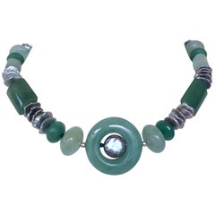 Marina J. Jade, Aquamarine, Lapis Lazuli, Aventurine and Grey Pearl Necklace