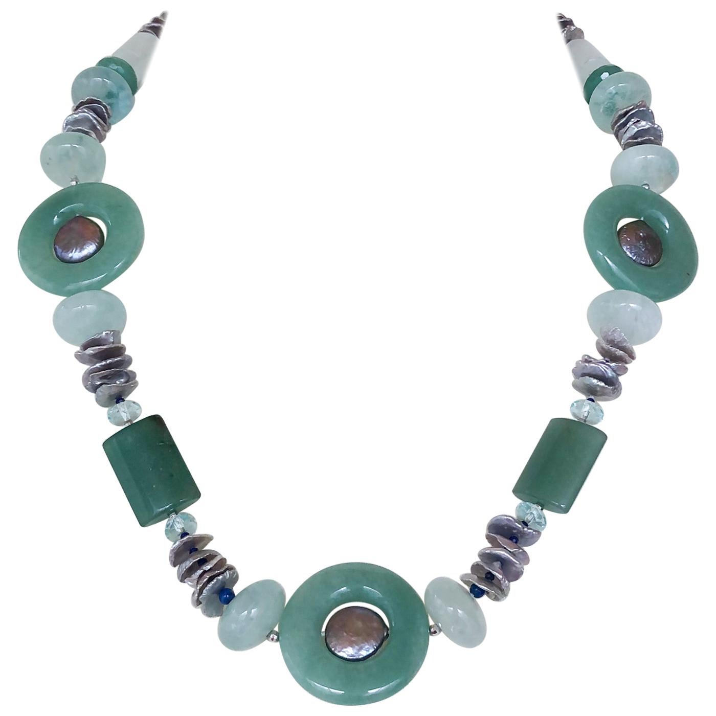 Marina J. Jade, Aquamarine, Lapis Lazuli, Aventurine and Grey Pearl Necklace For Sale