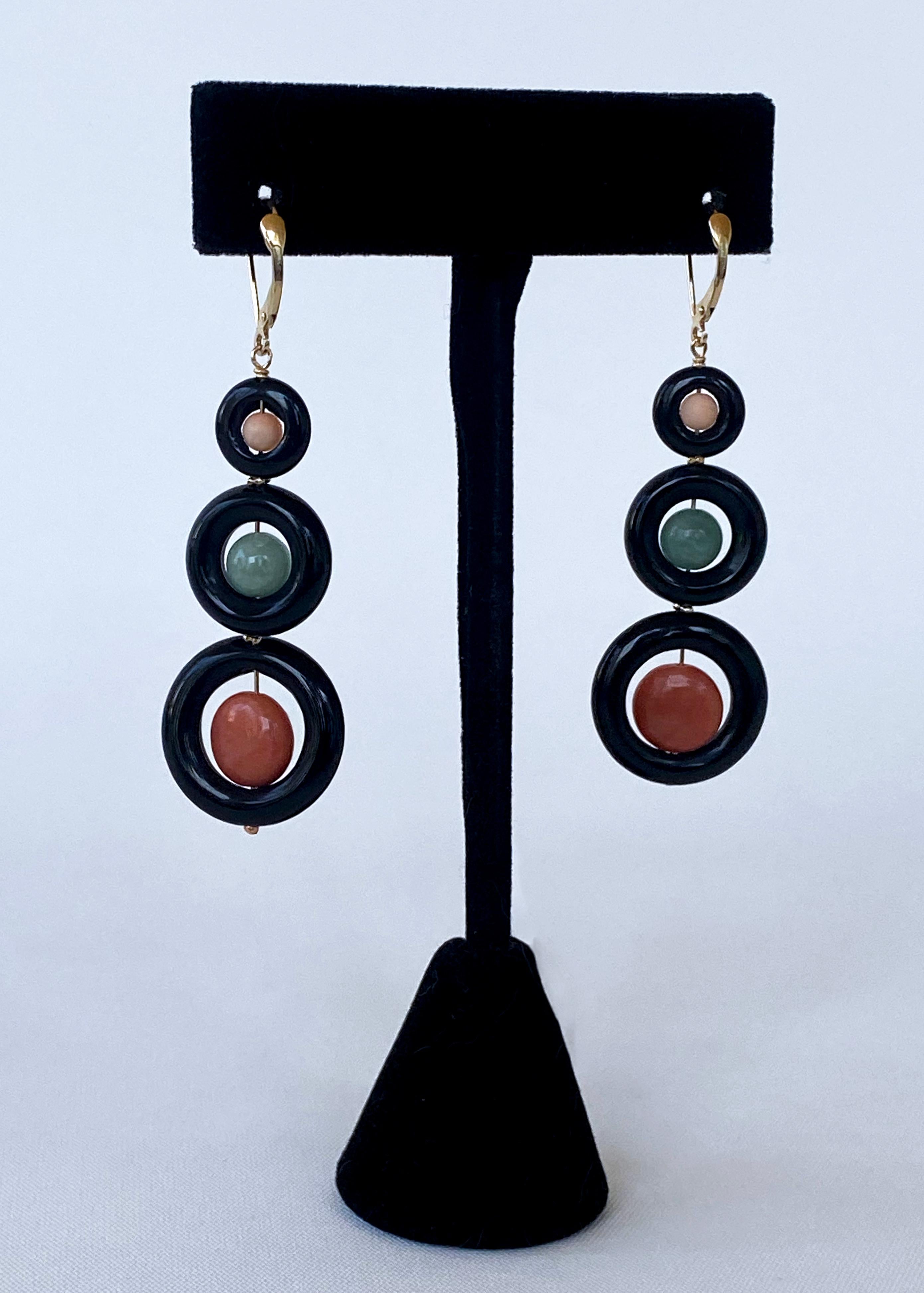 Ball Cut Marina J. Jade, Coral, Black Onyx & solid 14k Yellow Gold Lever Back Earrings For Sale
