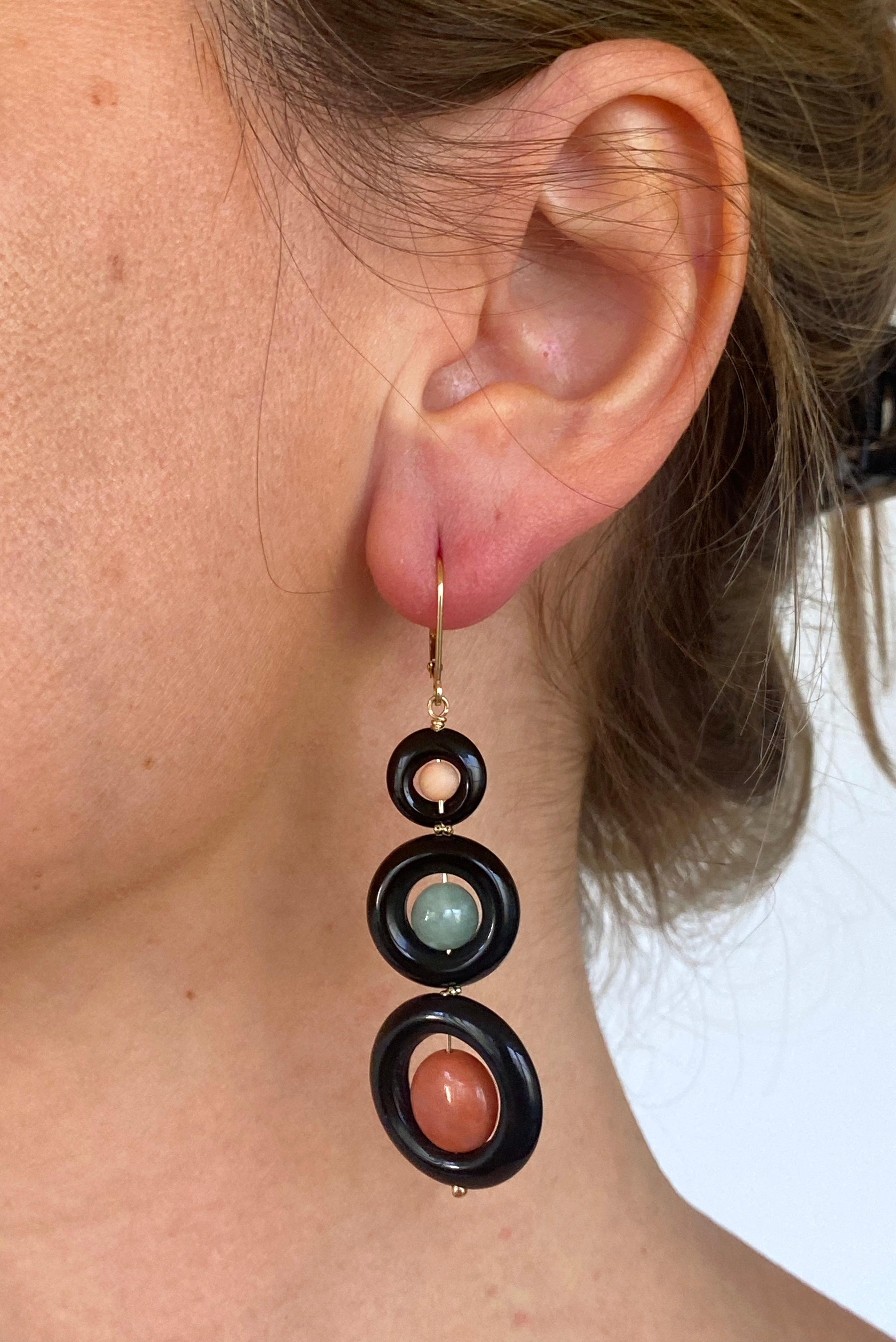 Artisan Marina J. Jade, Coral, Black Onyx & solid 14k Yellow Gold Lever Back Earrings For Sale