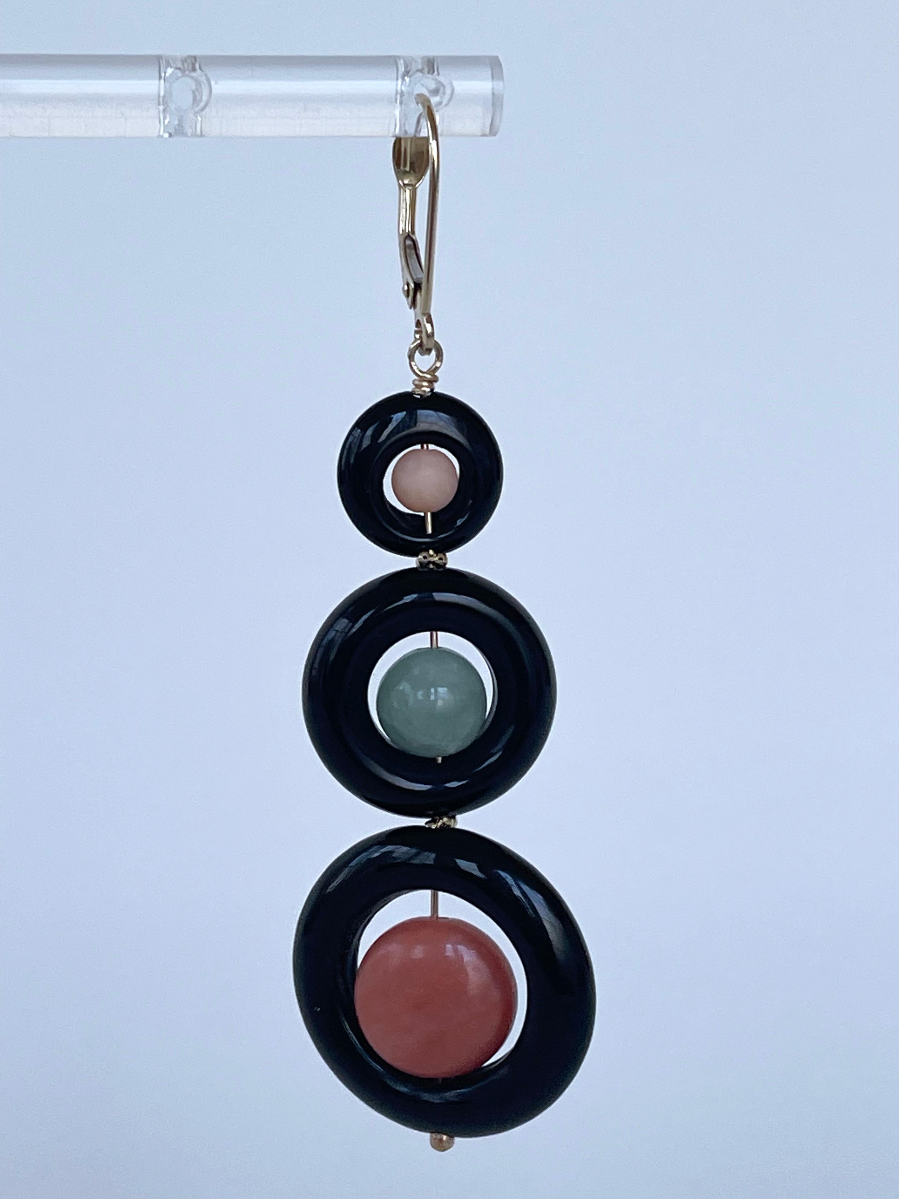Marina J. Jade, Coral, Black Onyx & solid 14k Yellow Gold Lever Back Earrings In New Condition For Sale In Los Angeles, CA