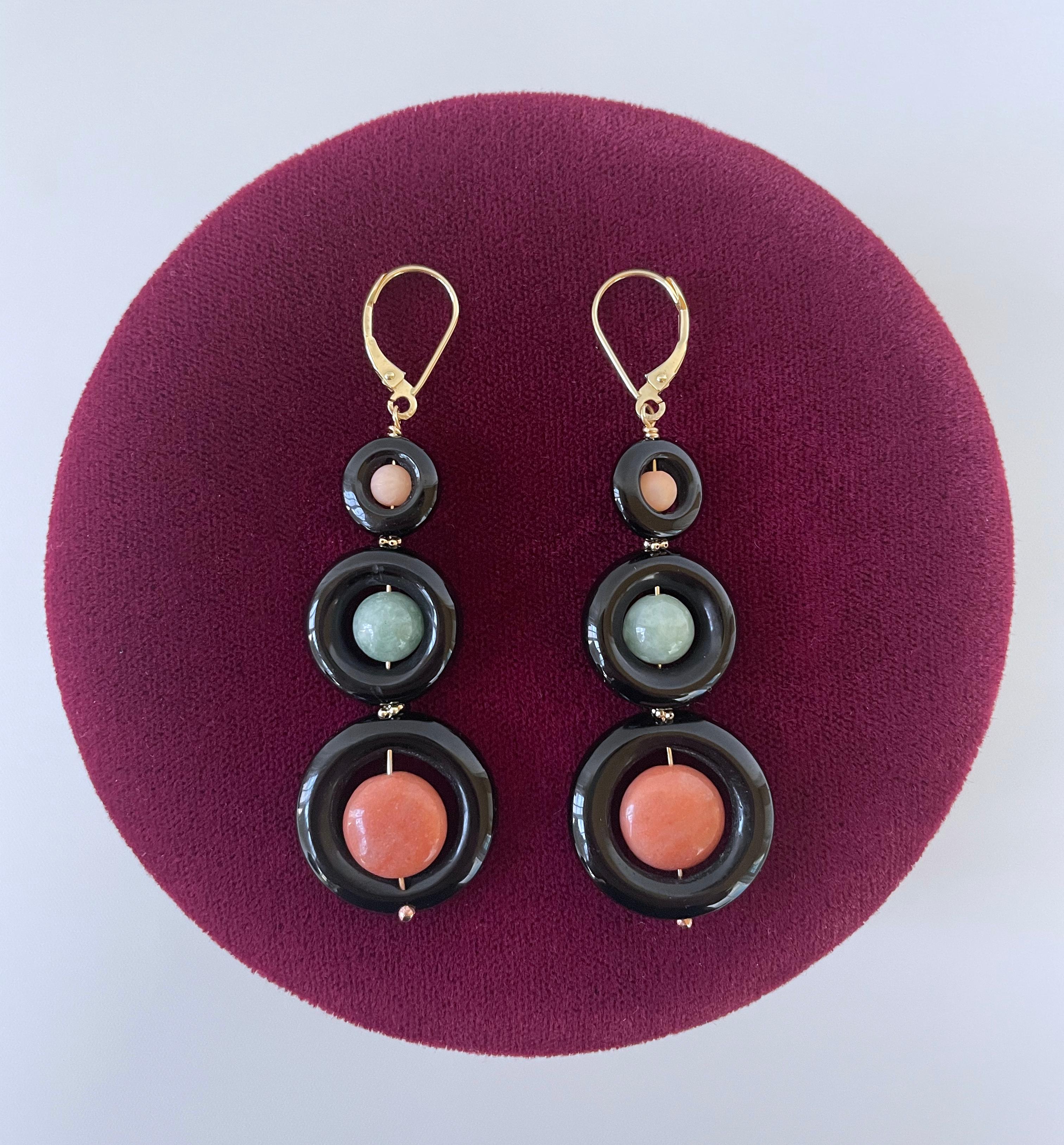 Women's Marina J. Jade, Coral, Black Onyx & solid 14k Yellow Gold Lever Back Earrings For Sale