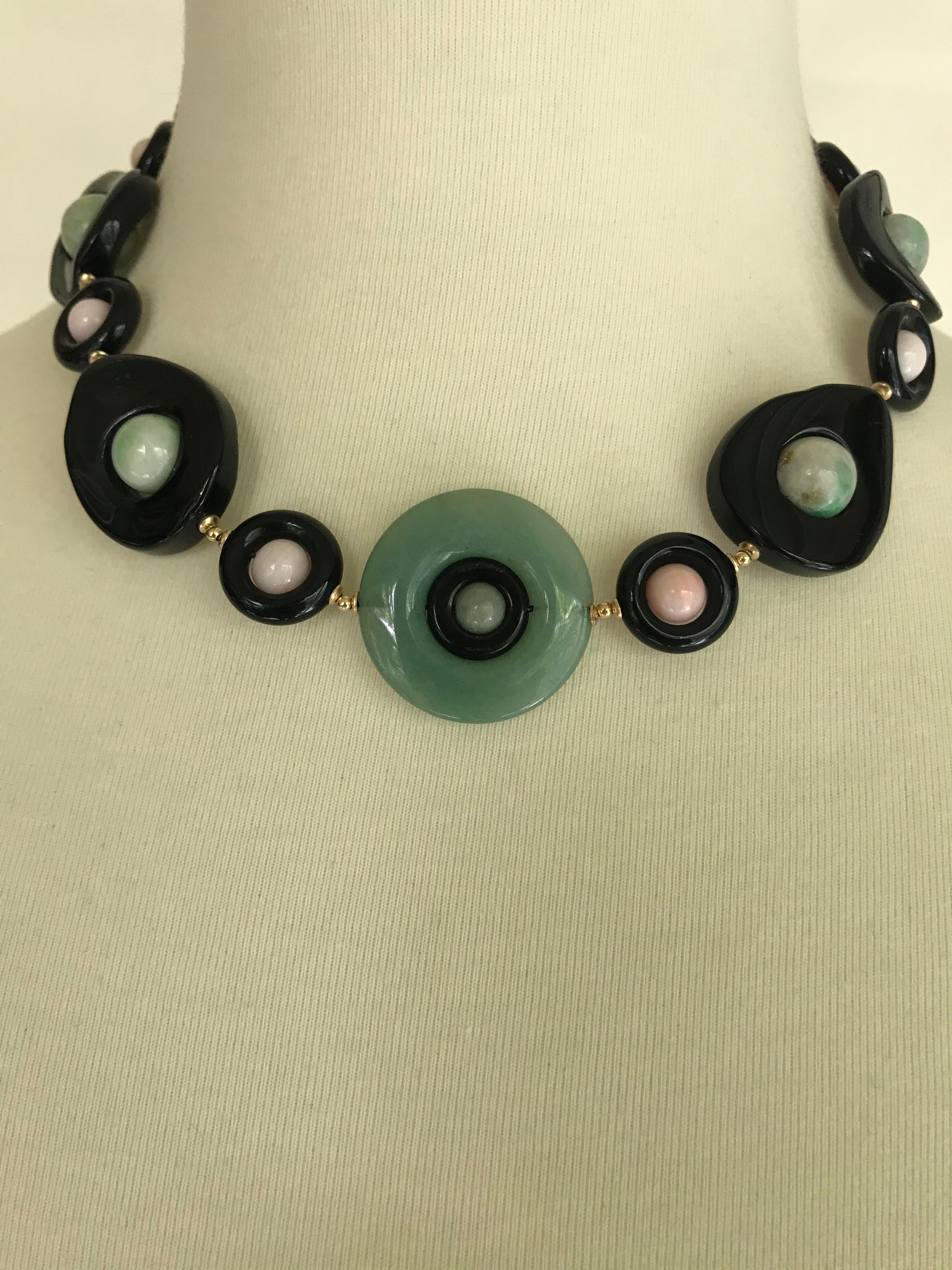 Marina J. Jade, Pink Coral , Black Onyx and 14 Karat Yellow Gold Necklace In New Condition In Los Angeles, CA