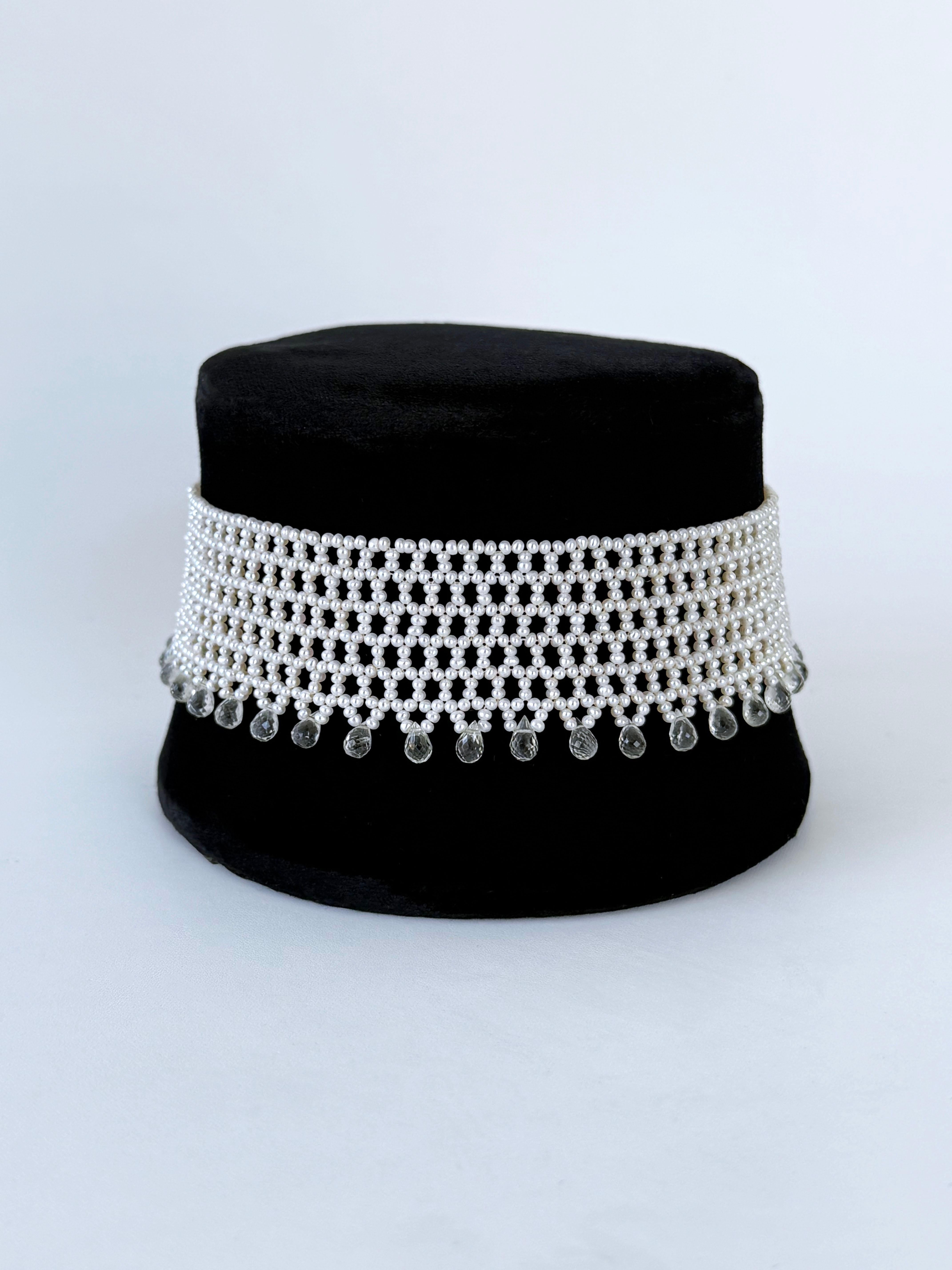 Marina J., gewebtes Choker aus Spitze mit Aquamarin-Briolettes und Schiebeverschluss (Perle) im Angebot