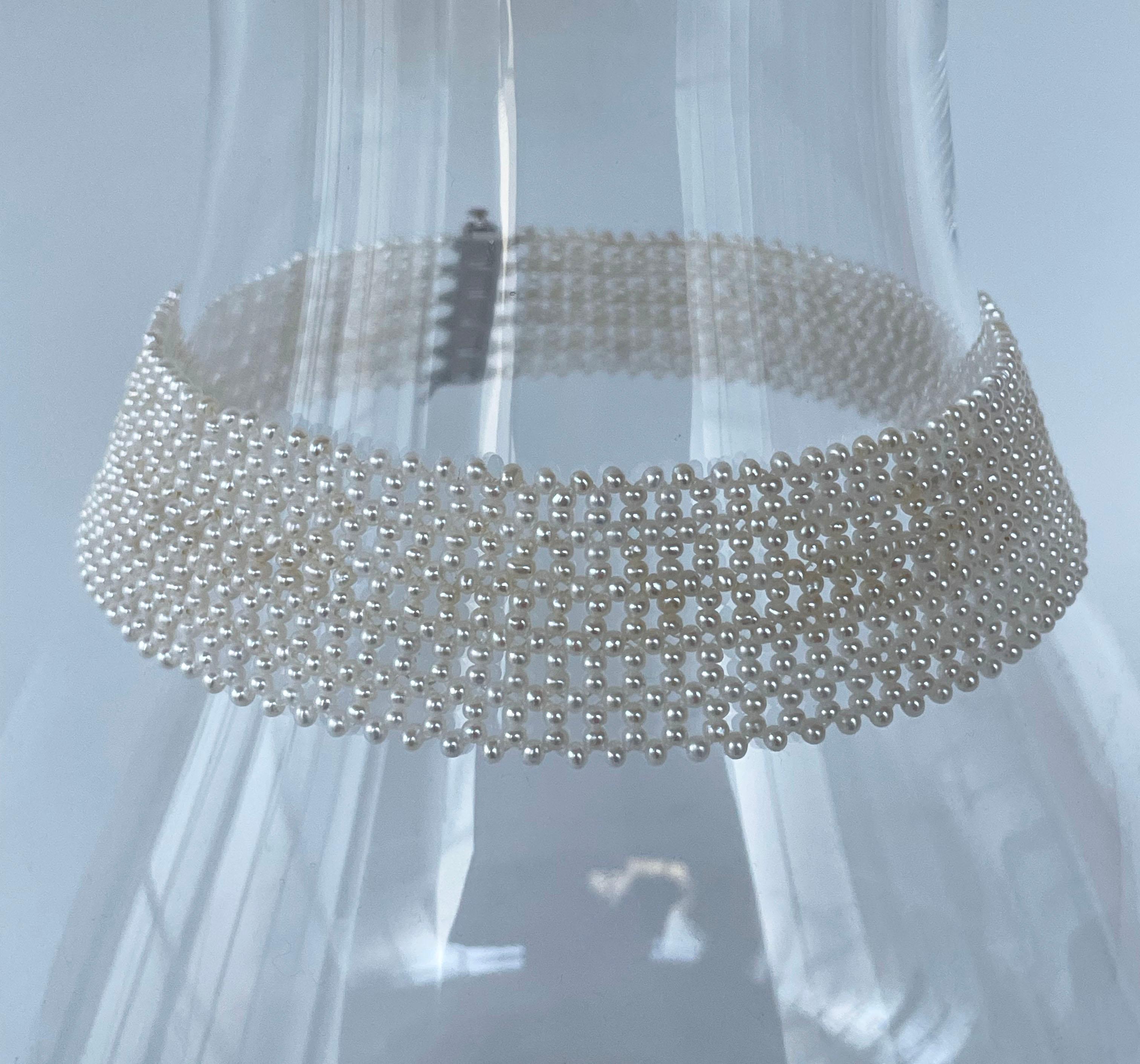 Marina J. Lace Woven Pearl Choker with Rhodium Plated Silver Clasp For Sale 6