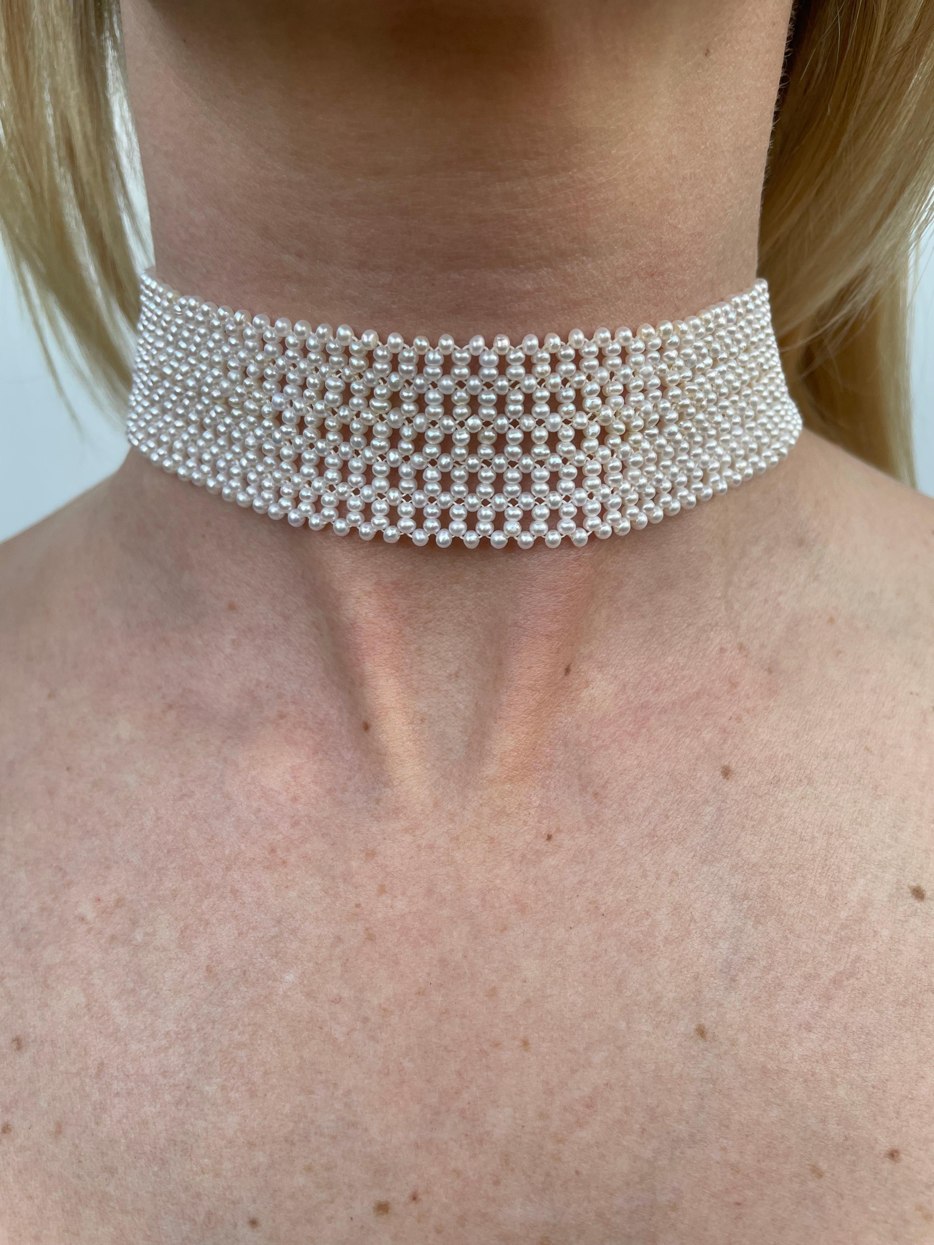 Artisan Marina J. Lace Woven Pearl Choker with Rhodium Plated Silver Clasp For Sale