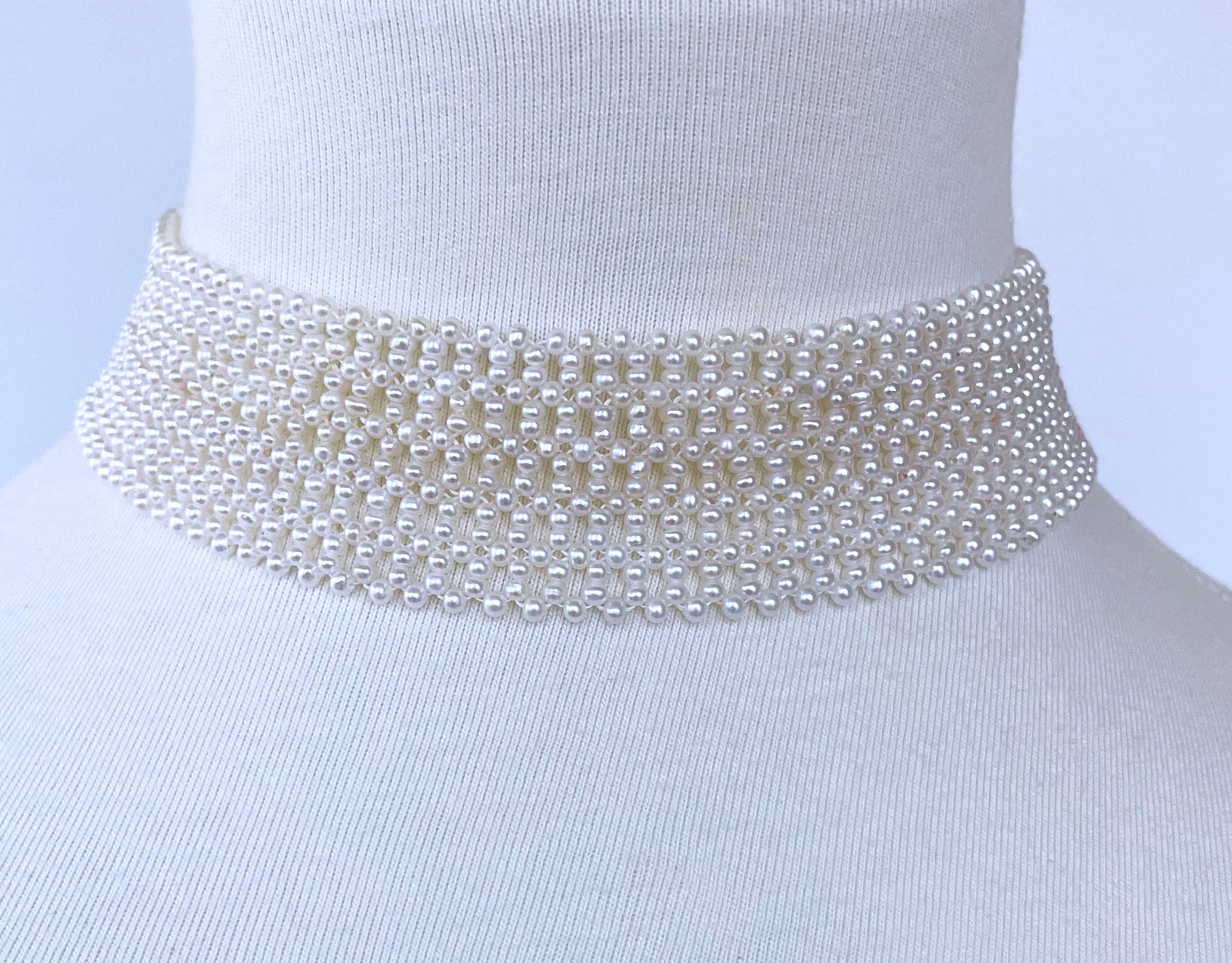 Marina J. Lace Woven Pearl Choker with Rhodium Plated Silver Clasp For Sale 4