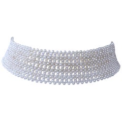 Marina J. Lace Woven Pearl Choker with Rhodium Plated Silver Clasp
