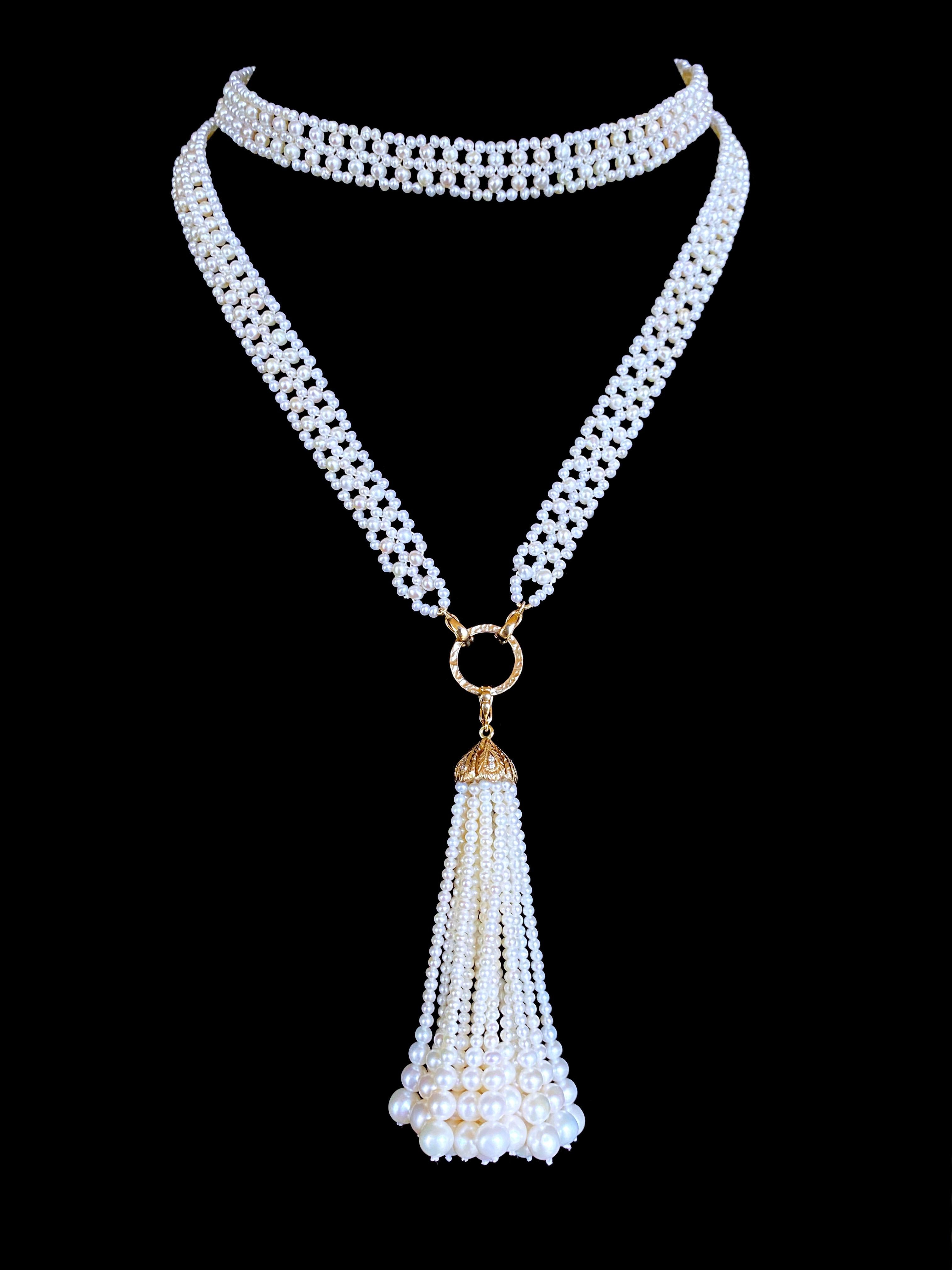Classic and gorgeous closed Sautoir by Marina J. This Sautoir is inspired by old world jewelry and made of all Seed Pearls intricately woven together into a fine Lace like design. Measuring 35 inches long sans Tassel, each end of this Sautoir meet