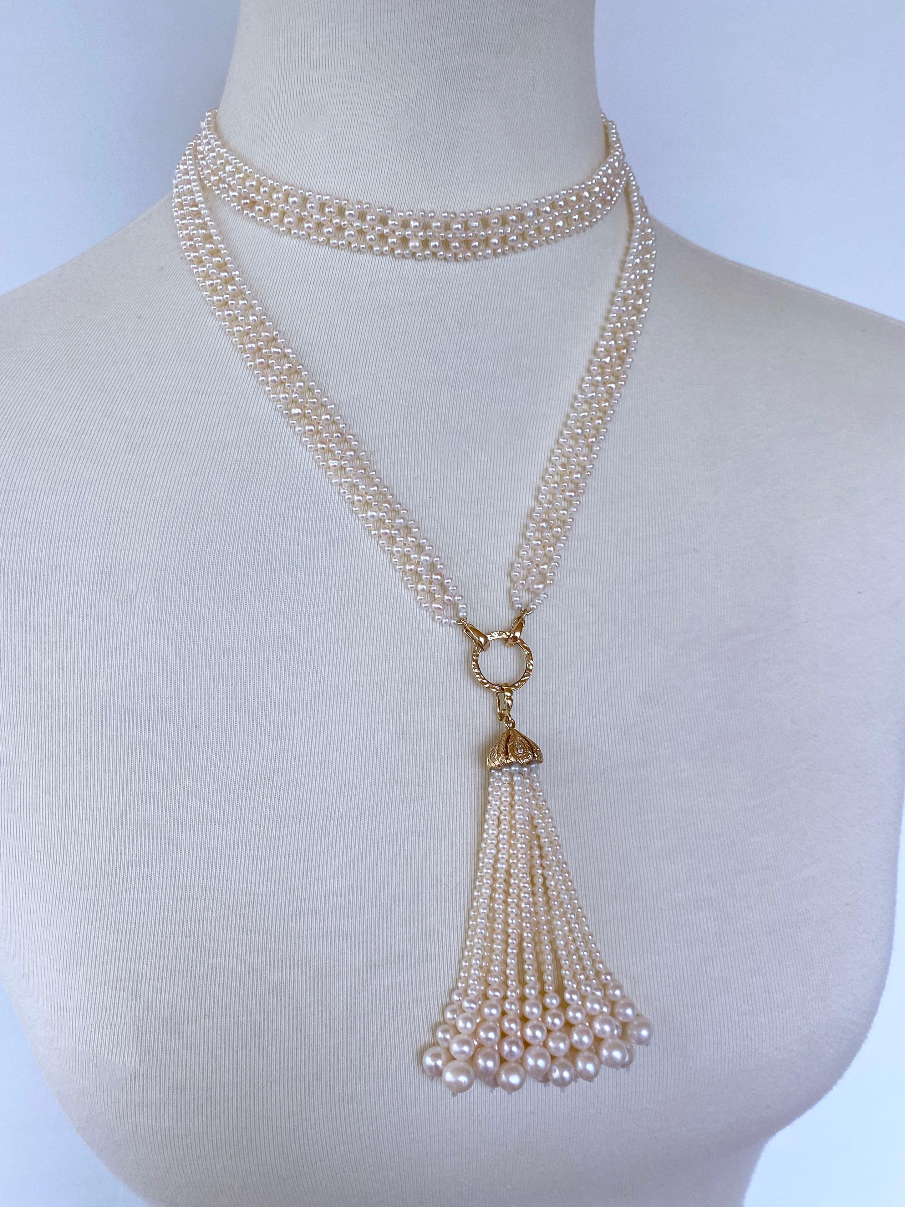 Bead Marina J. Lace Woven Pearl Sautoir with Diamond & Solid 14k Yellow Gold Tassel For Sale
