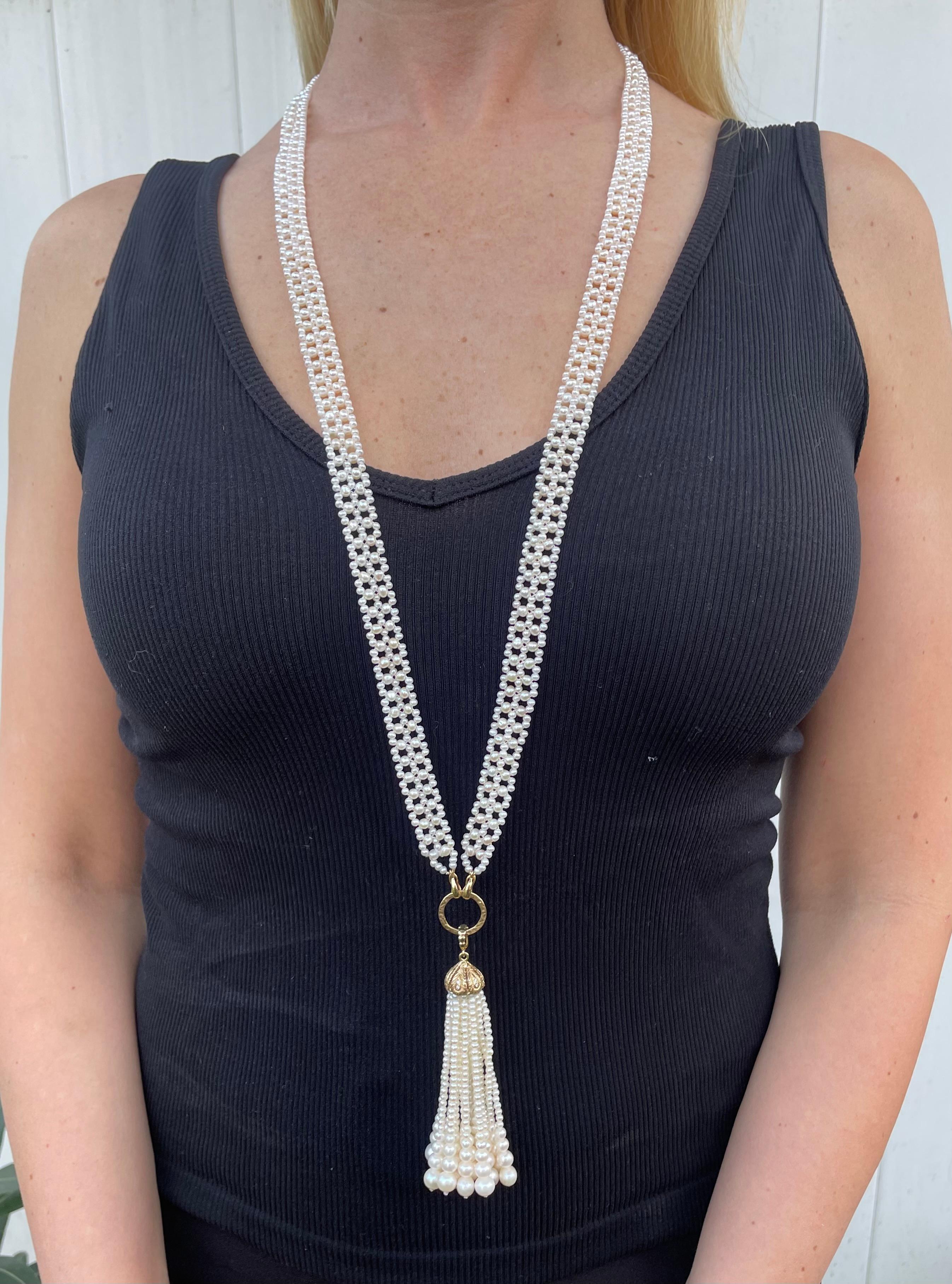 Artisan Marina J. Lace Woven Pearl Sautoir with Diamond & Solid 14k Yellow Gold Tassel For Sale
