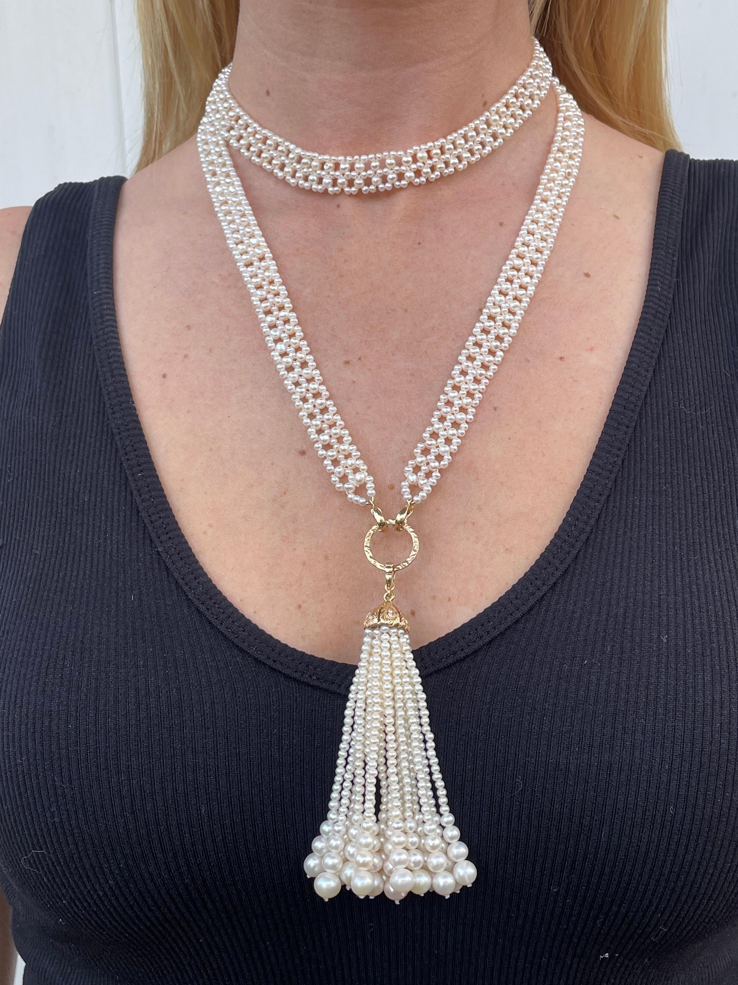 Marina J. Lace Woven Pearl Sautoir with Diamond & Solid 14k Yellow Gold Tassel In New Condition For Sale In Los Angeles, CA
