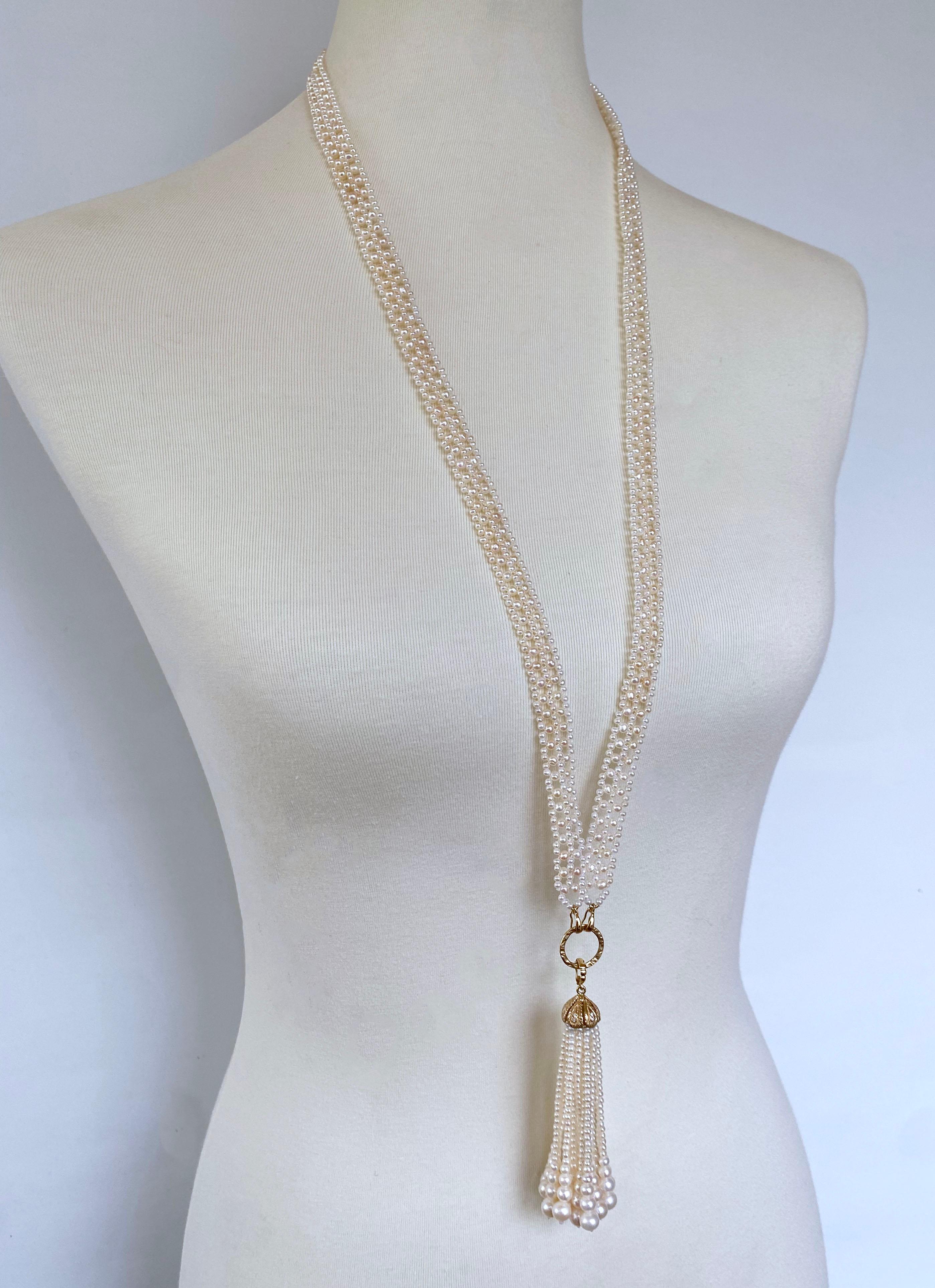 Marina J. Lace Woven Pearl Sautoir with Diamond & Solid 14k Yellow Gold Tassel For Sale 3