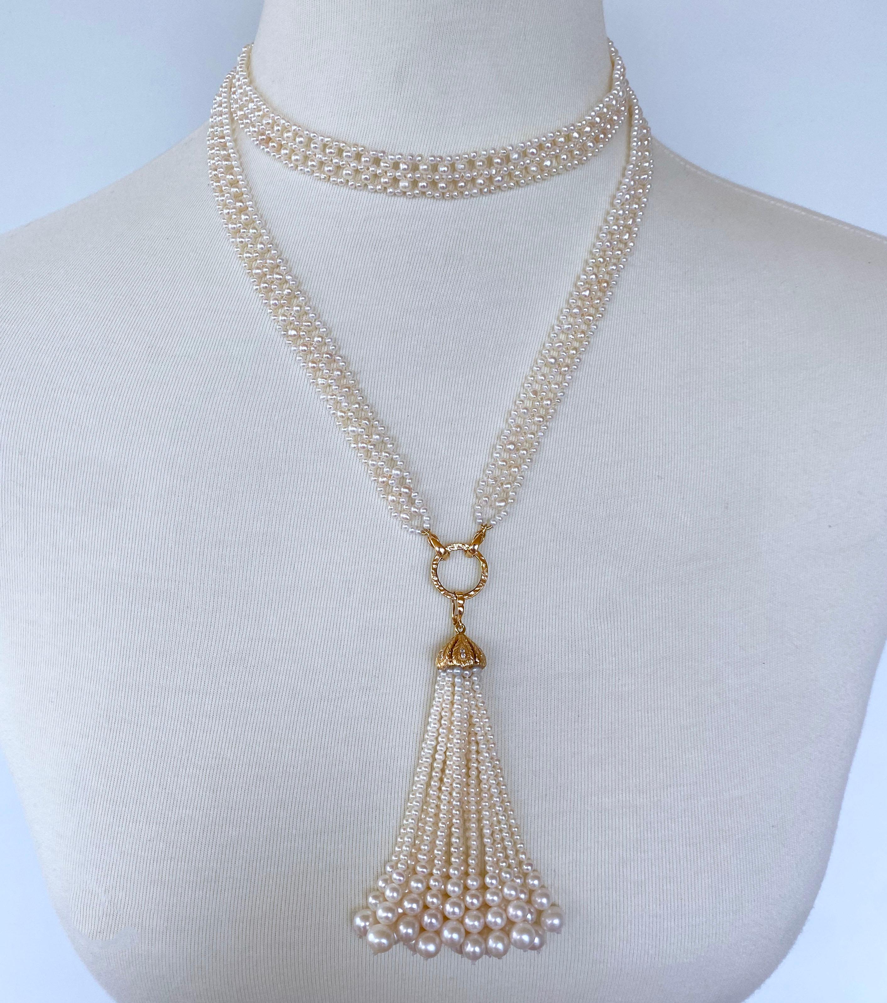 Marina J. Sautoir en dentelle tissée avec diamants et pompon en or jaune 14 carats massif en vente 4