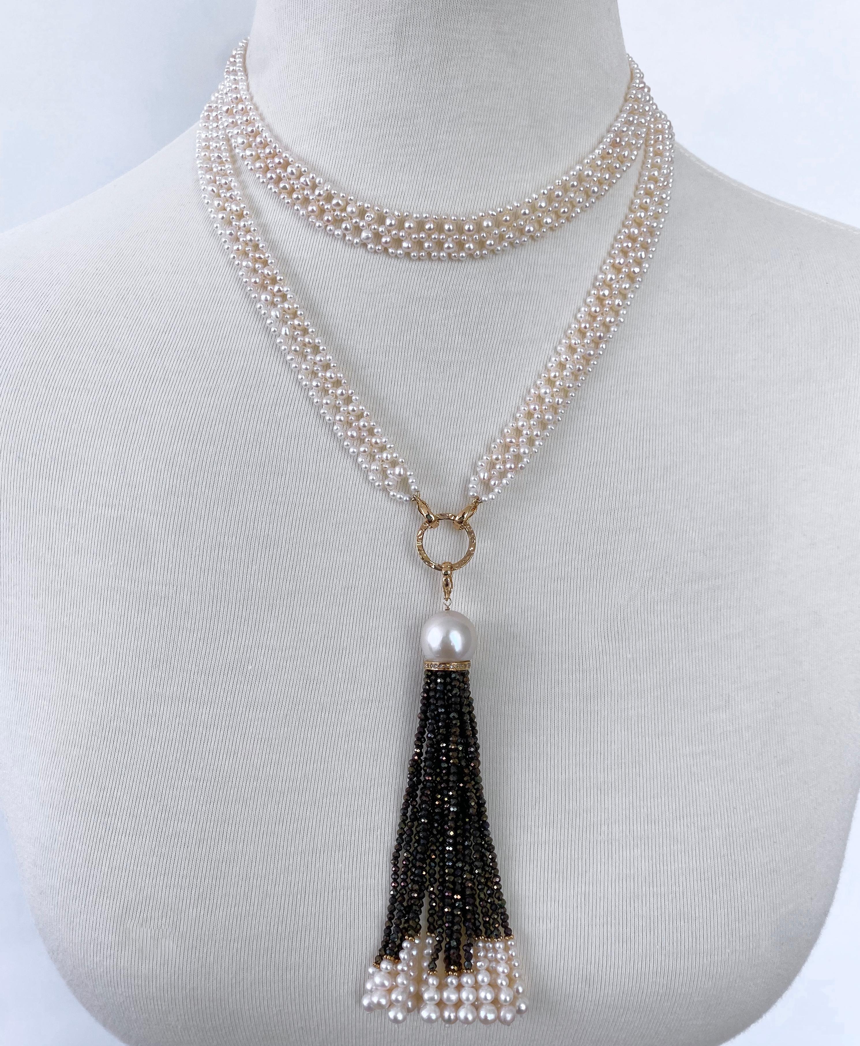 Classic Sautoir by Marina J. 
This piece is made using all Seed Pearls intricately woven together into a fine double column Lace like design. Measuring 35 inches long sans Tassel, both ends of this sautoir meet at solid 14k Yellow Gold Latches which