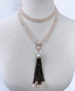 Marina J Woven Pearl Sautoir with Black Spinel & Solid 14k Yellow Gold Tassel