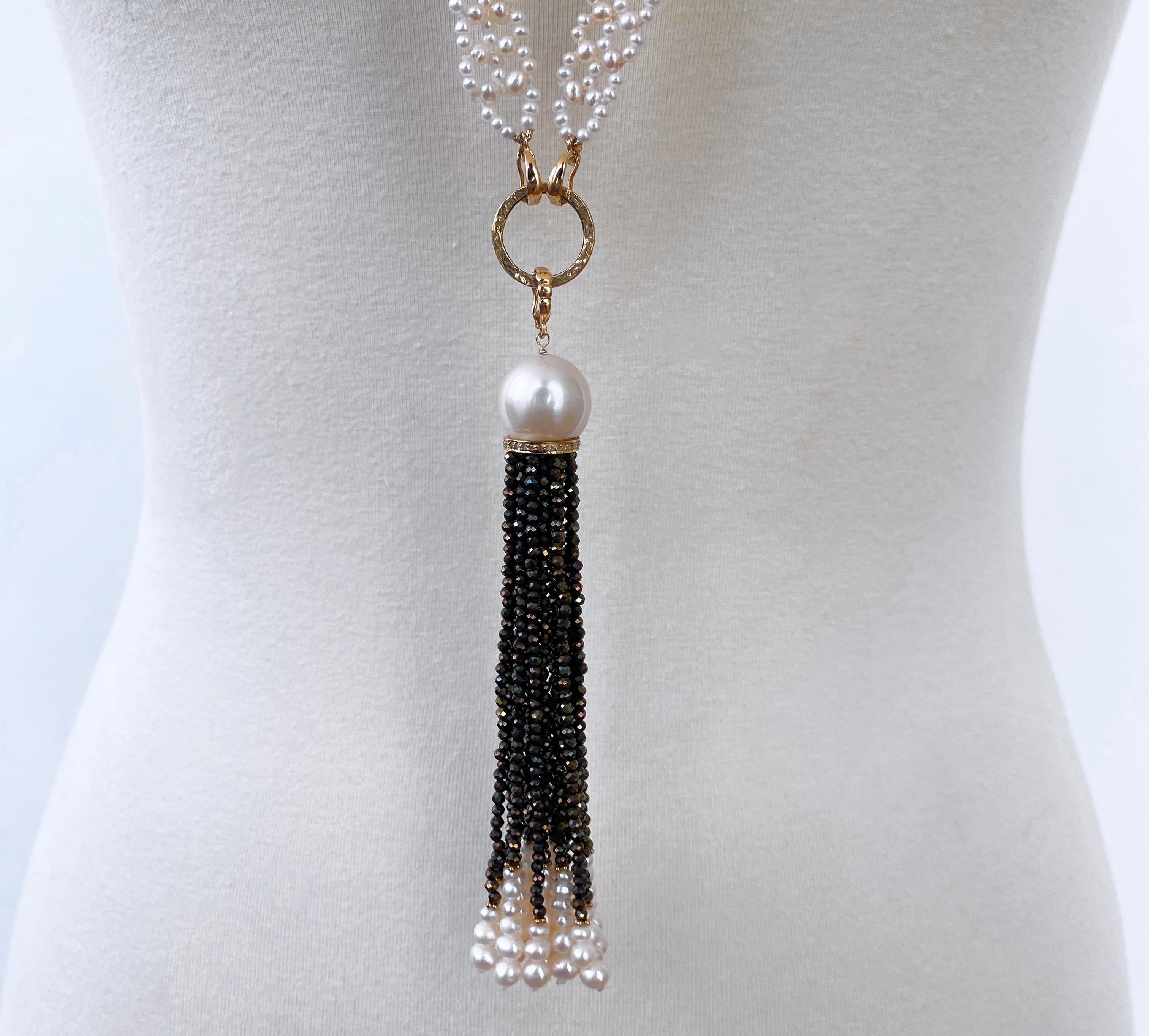 Artisan Marina J. Lace Woven Pearl Sautoir with Dramatic removable Black Spinel Tassel For Sale