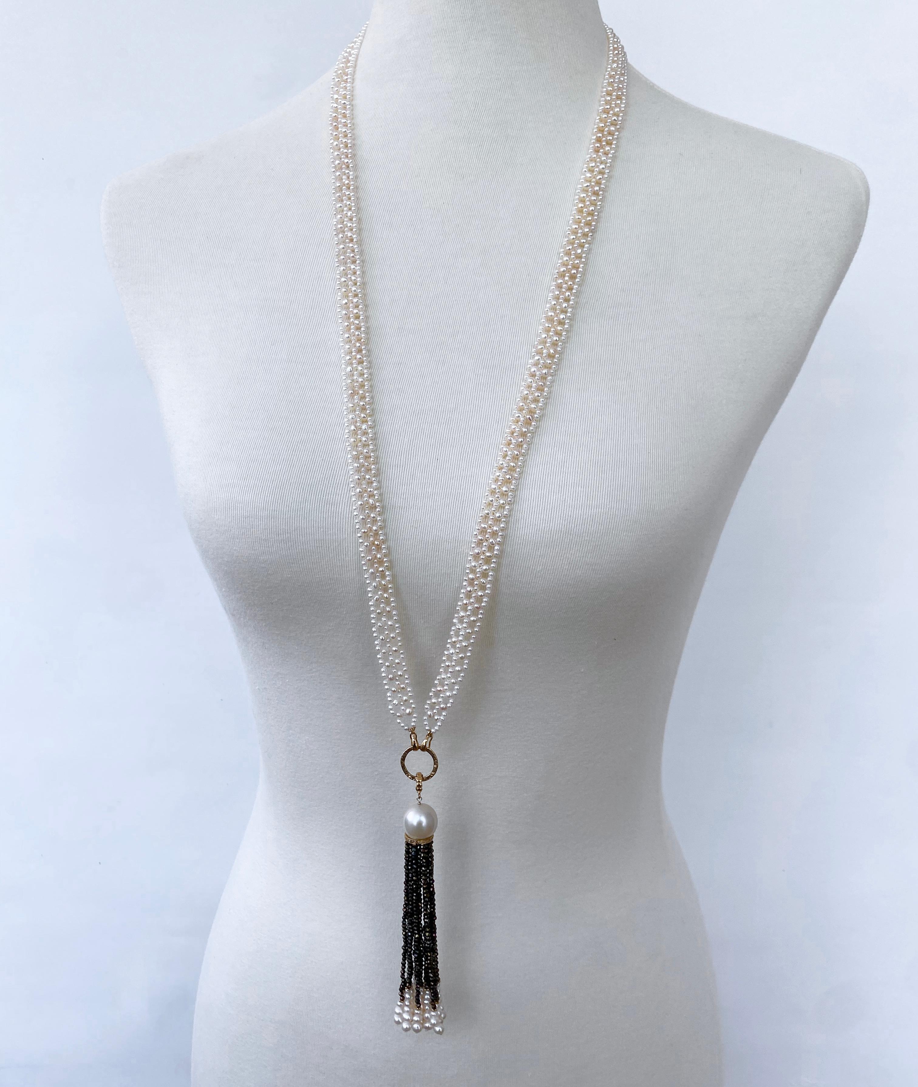 Bead Marina J. Lace Woven Pearl Sautoir with Dramatic removable Black Spinel Tassel For Sale