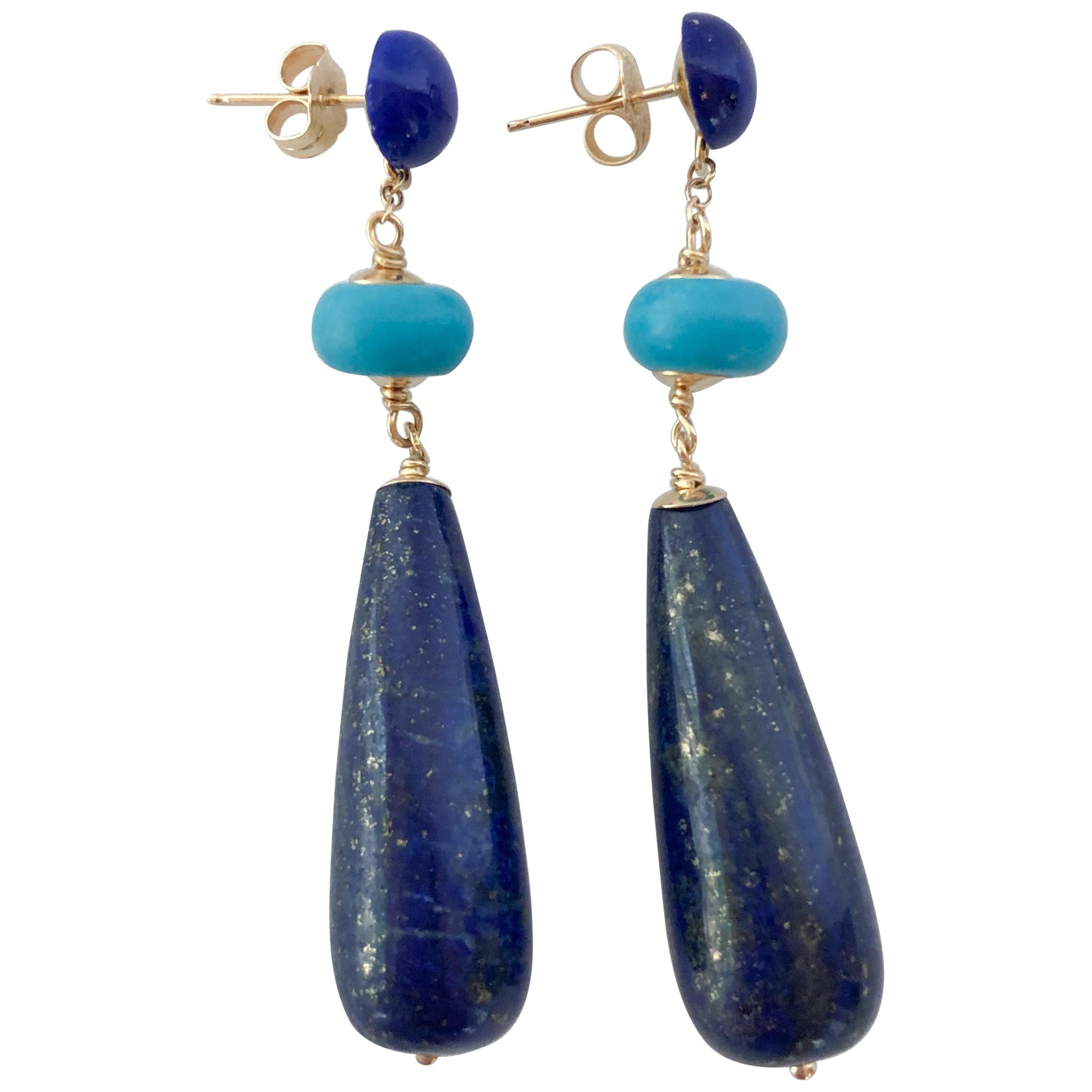 Marina J., clous d'oreilles pendants en or jaune 14 carats, lapis-lazuli et turquoise