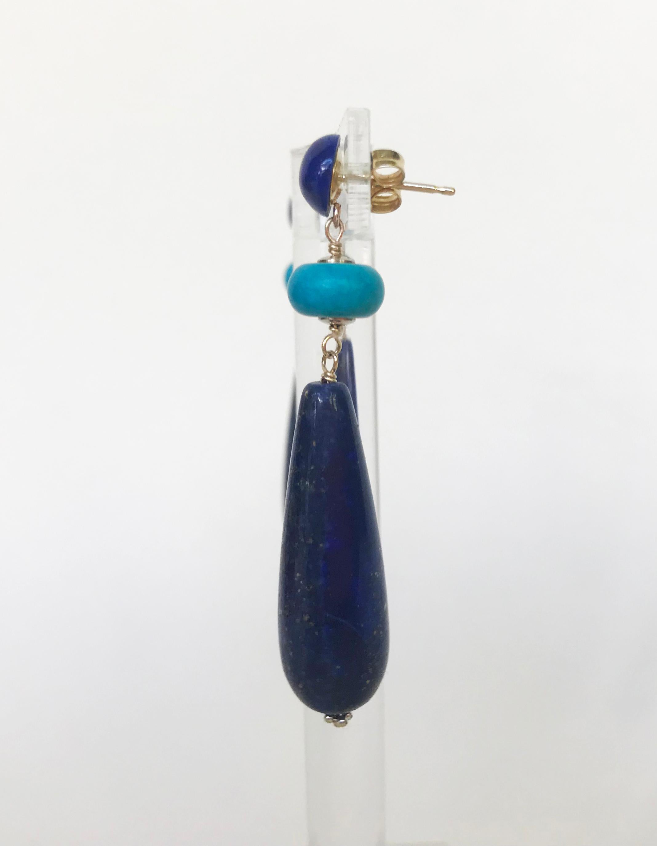 Artist Marina J Lapis Lazuli and Turquoise Earrings with 14 Karat Gold Studs and Wiring