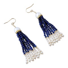 Marina J. Lapis Lazuli & Pearl Graduated Earrings with Diamonds & Solid 14k Gold