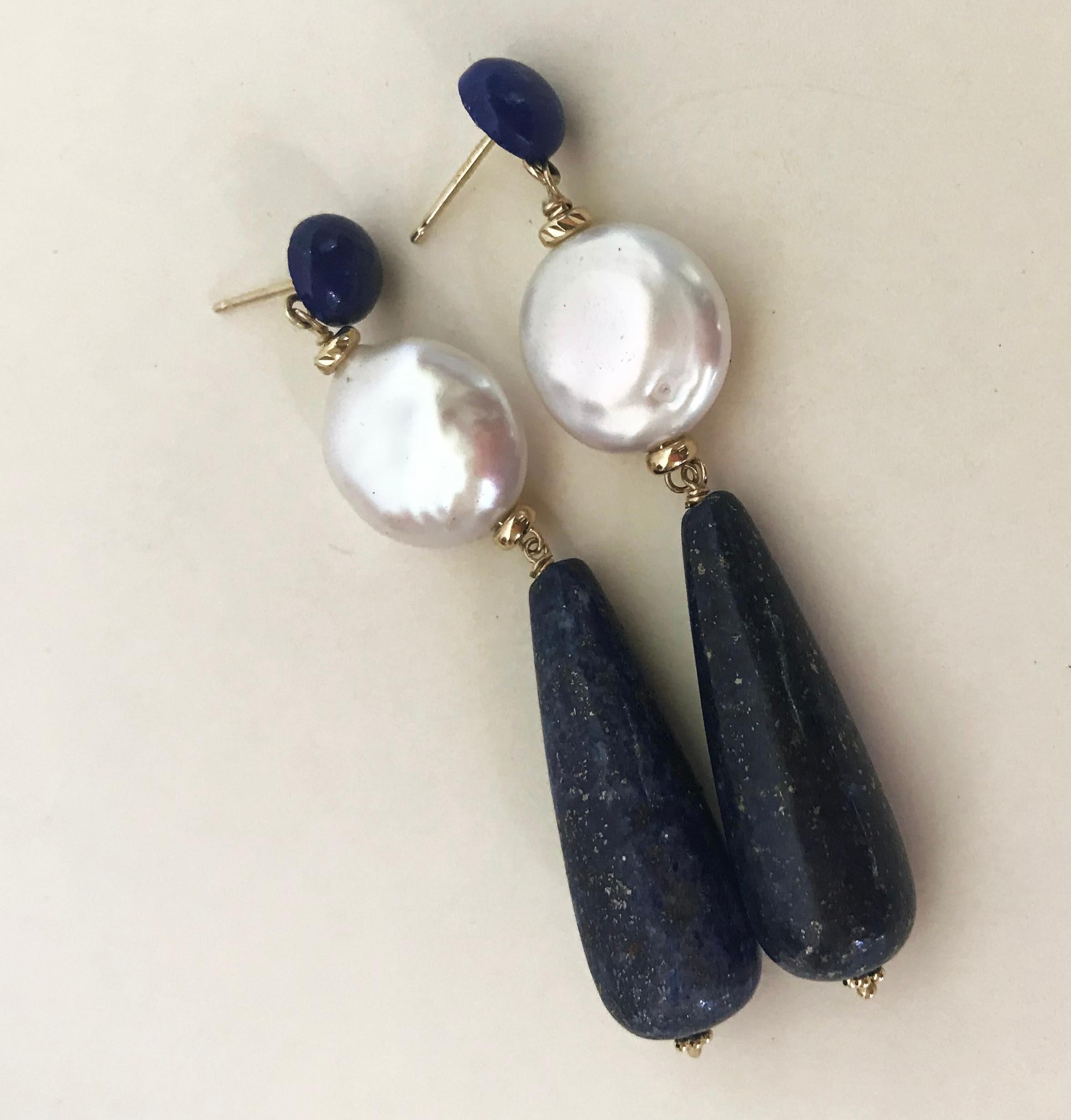 Marina J. Lapis Lazuli Stud and Teardrop with Pearl Coin and 14 Karat Gold In New Condition In Los Angeles, CA