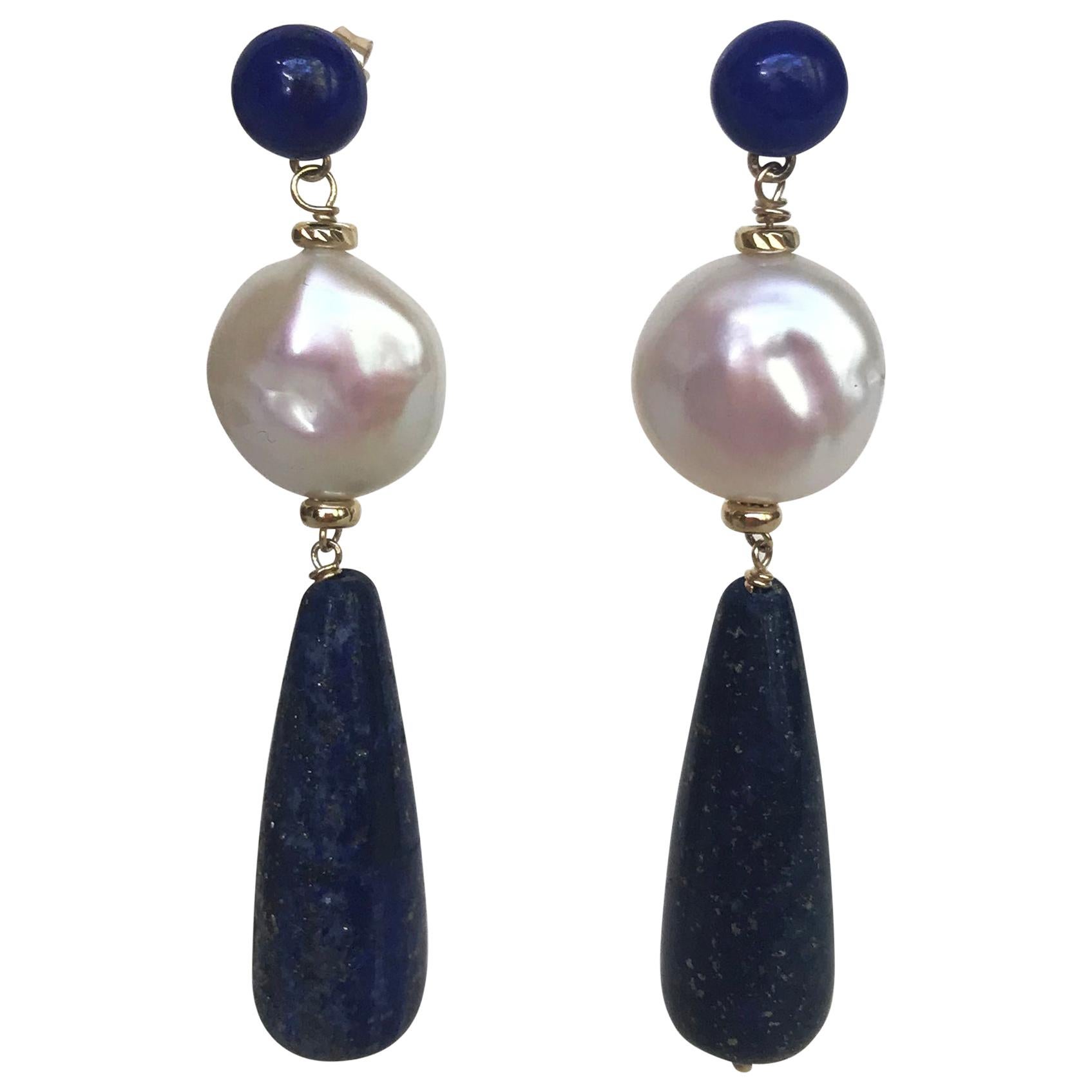 Marina J. Lapis Lazuli Stud and Teardrop with Pearl Coin and 14 Karat Gold