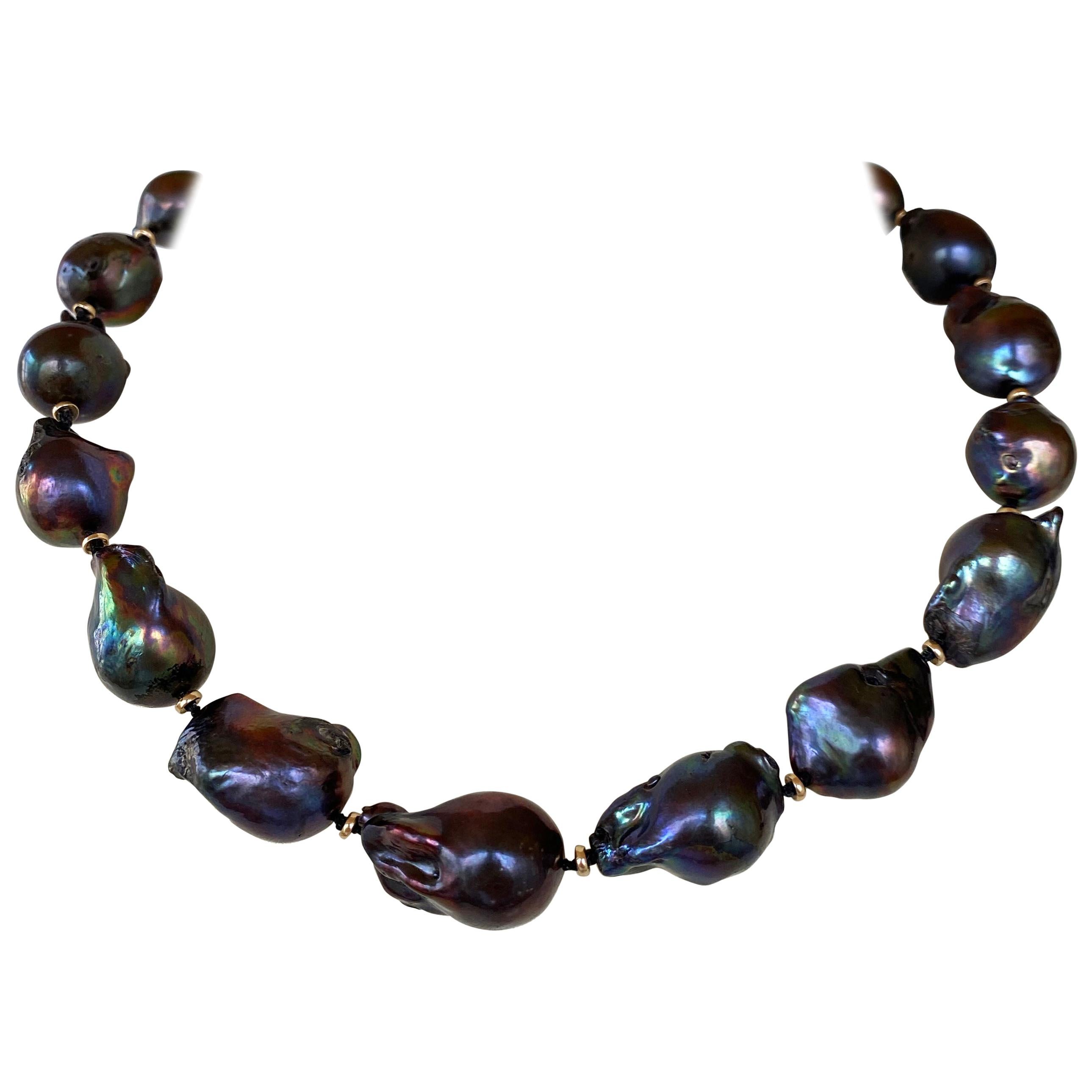 Marina J Large Baroque Black Pearl Necklace with 14 Karat Gold Beads and Clasp