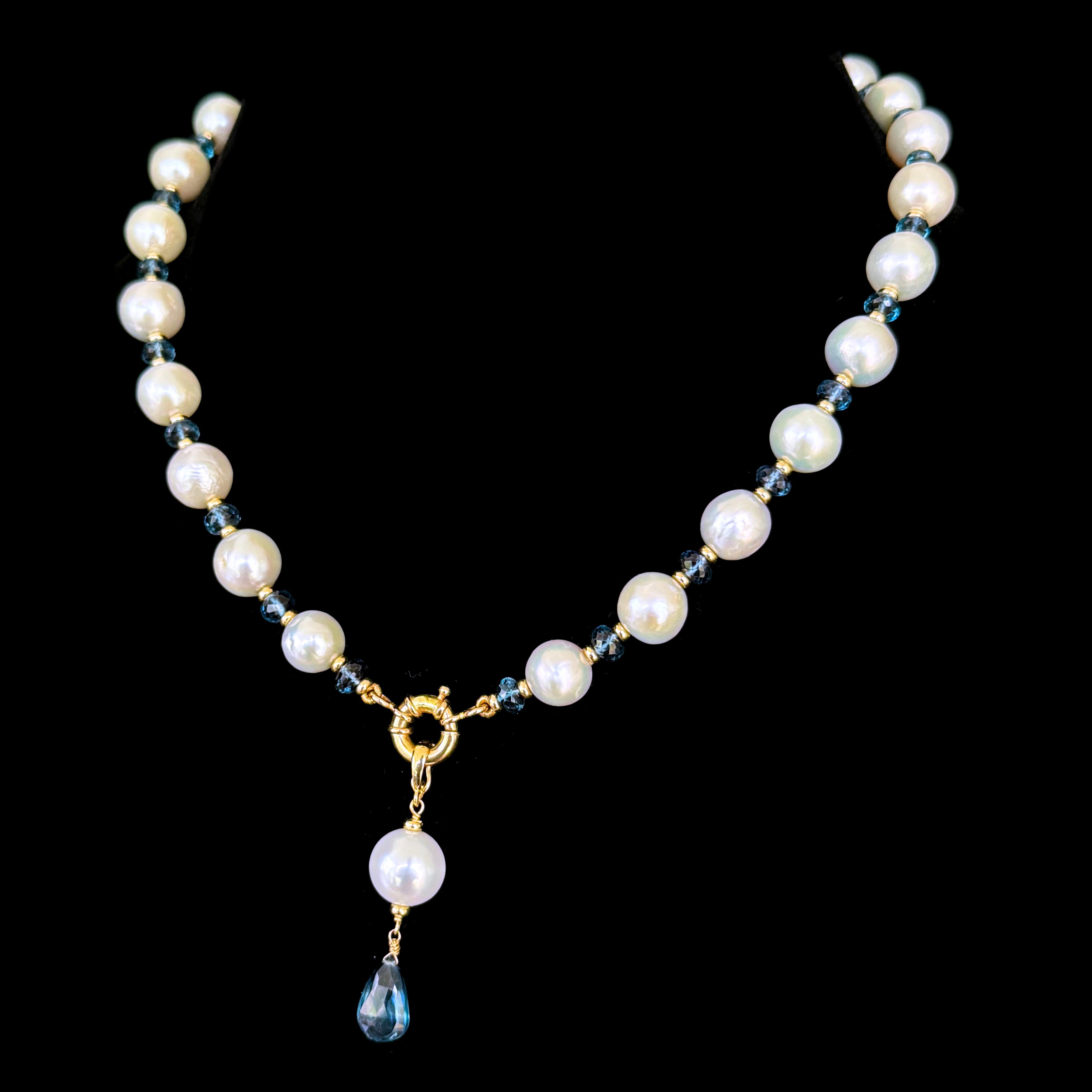 Marina J London Topacio azul, oro amarillo de 14k y collar de perlas con gota extraíble en Nuevo estado para la venta en Los Angeles, CA