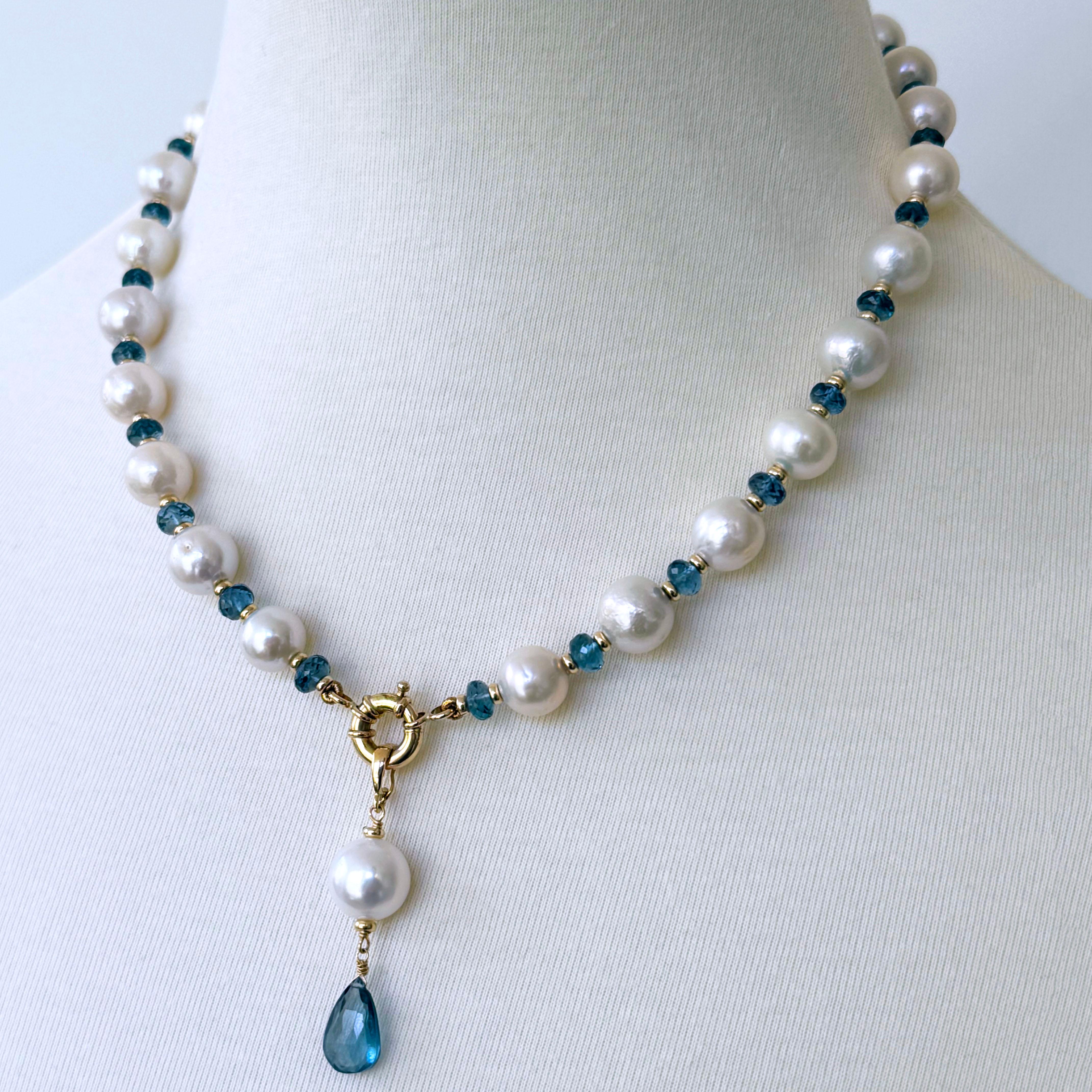 Marina J. London Blauer Topas, 14k Gelbgold & Perlenkette mit abnehmbarem Tropfen im Angebot 1