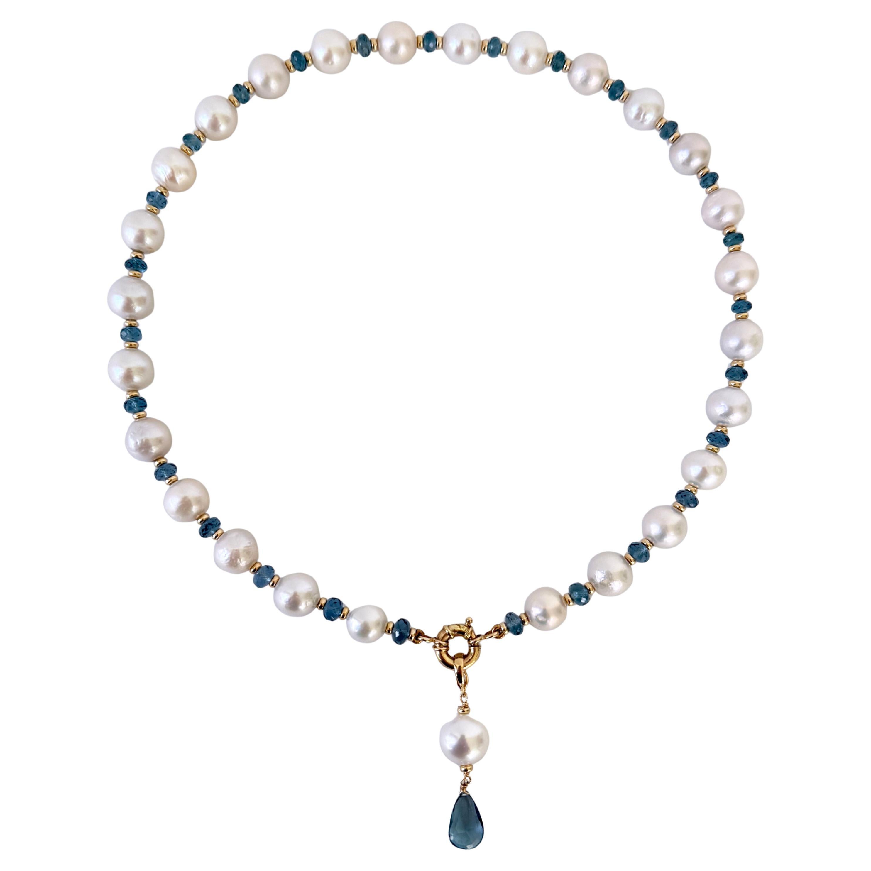 Marina J. London Blauer Topas, 14k Gelbgold & Perlenkette mit abnehmbarem Tropfen im Angebot