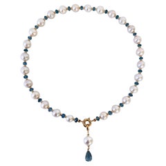Marina J London Topacio azul, oro amarillo de 14k y collar de perlas con gota extraíble