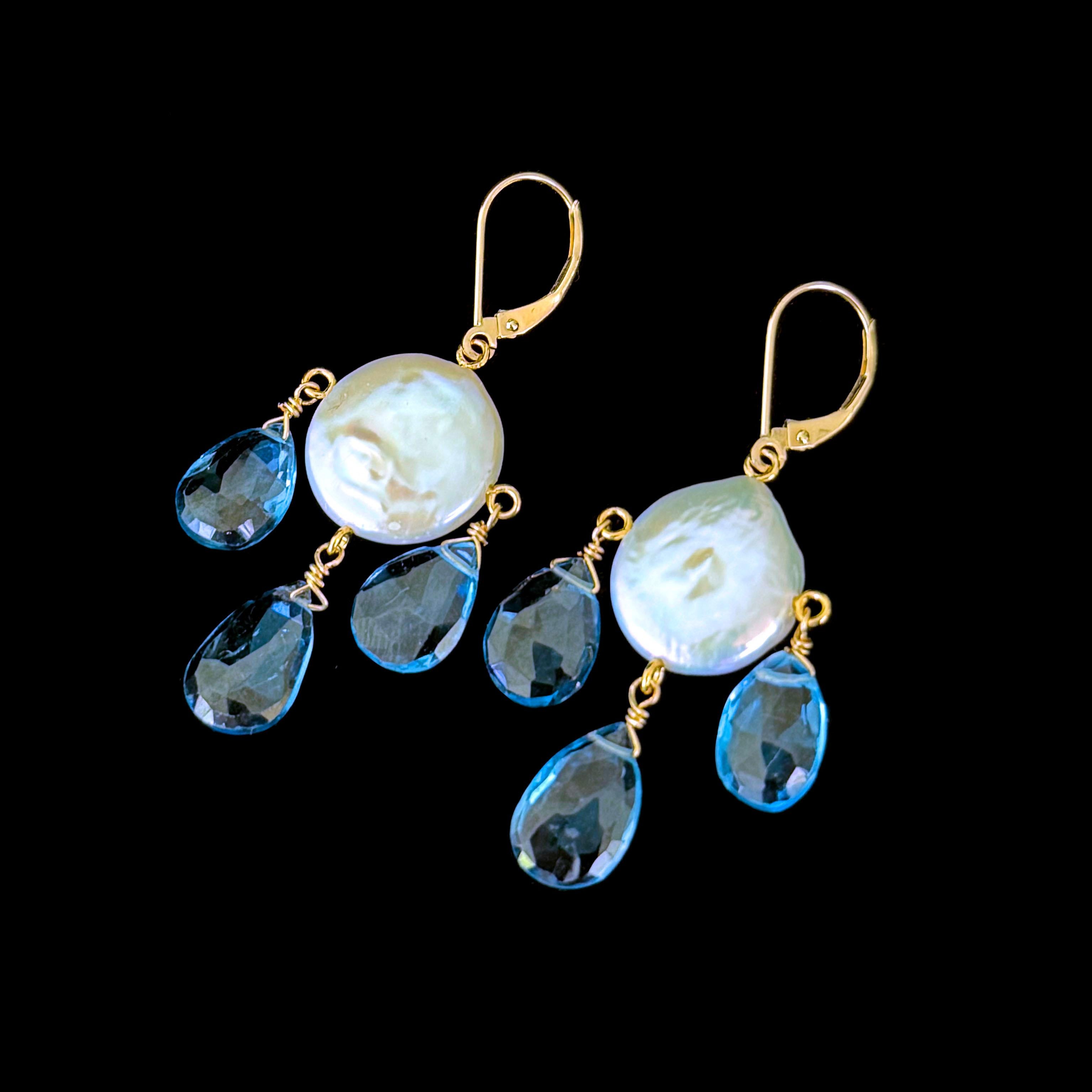 Marina J. London Blauer Topas & Barocke Perlen Kronleuchter Ohrringe & Massiv 14k Gold Damen im Angebot