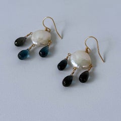 Marina J. London - Orecchini a lampadario in Topazio Blu, Perle e Argento massiccio 14k