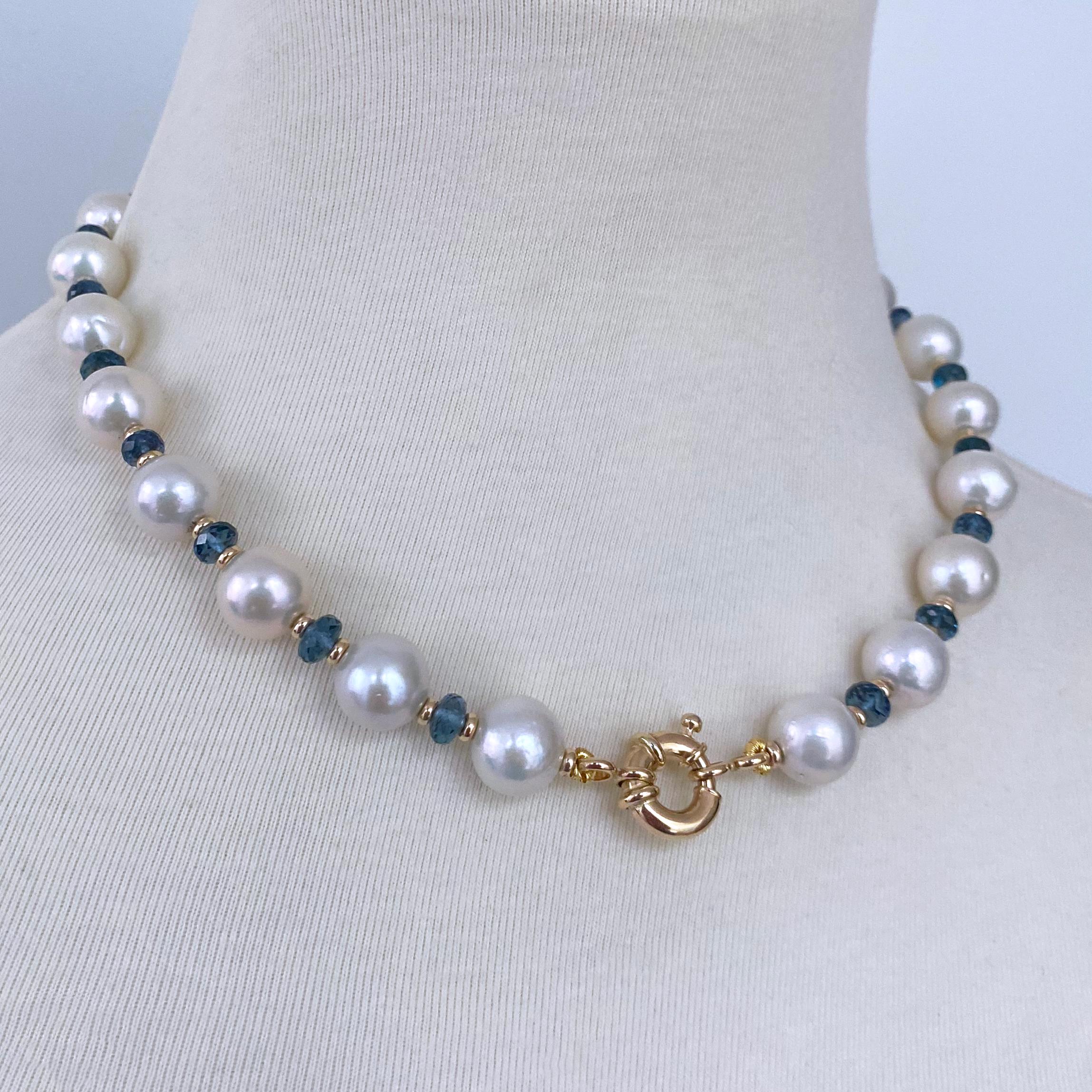 Cushion Cut Marina J. London Blue Topaz, Pearl & Solid 14k Gold Necklace
