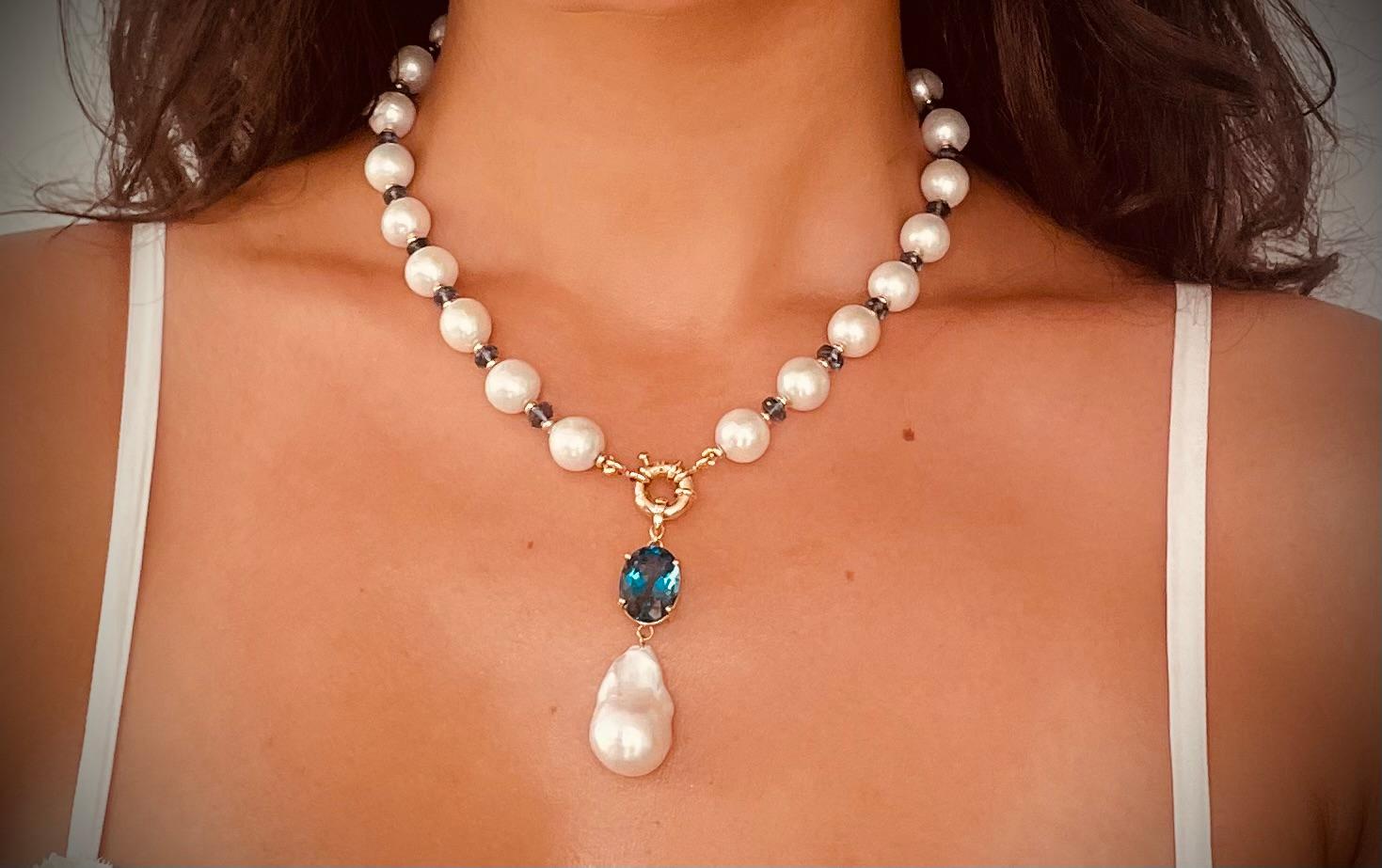 Artisan Marina J. London Blue Topaz, Pearl & Solid 14k Gold Necklace