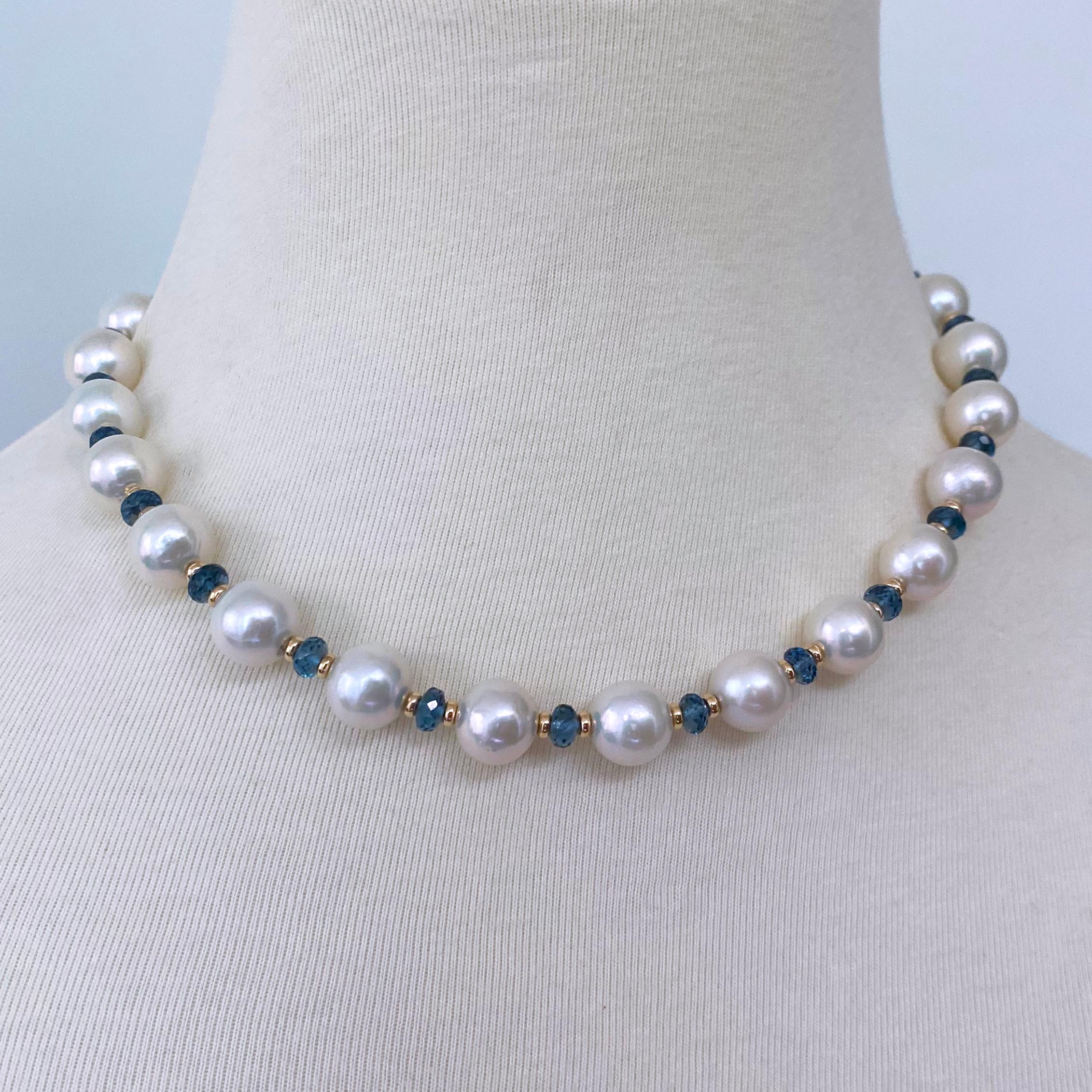 Marina J. London Blue Topaz, Pearl & Solid 14k Gold Necklace In New Condition In Los Angeles, CA