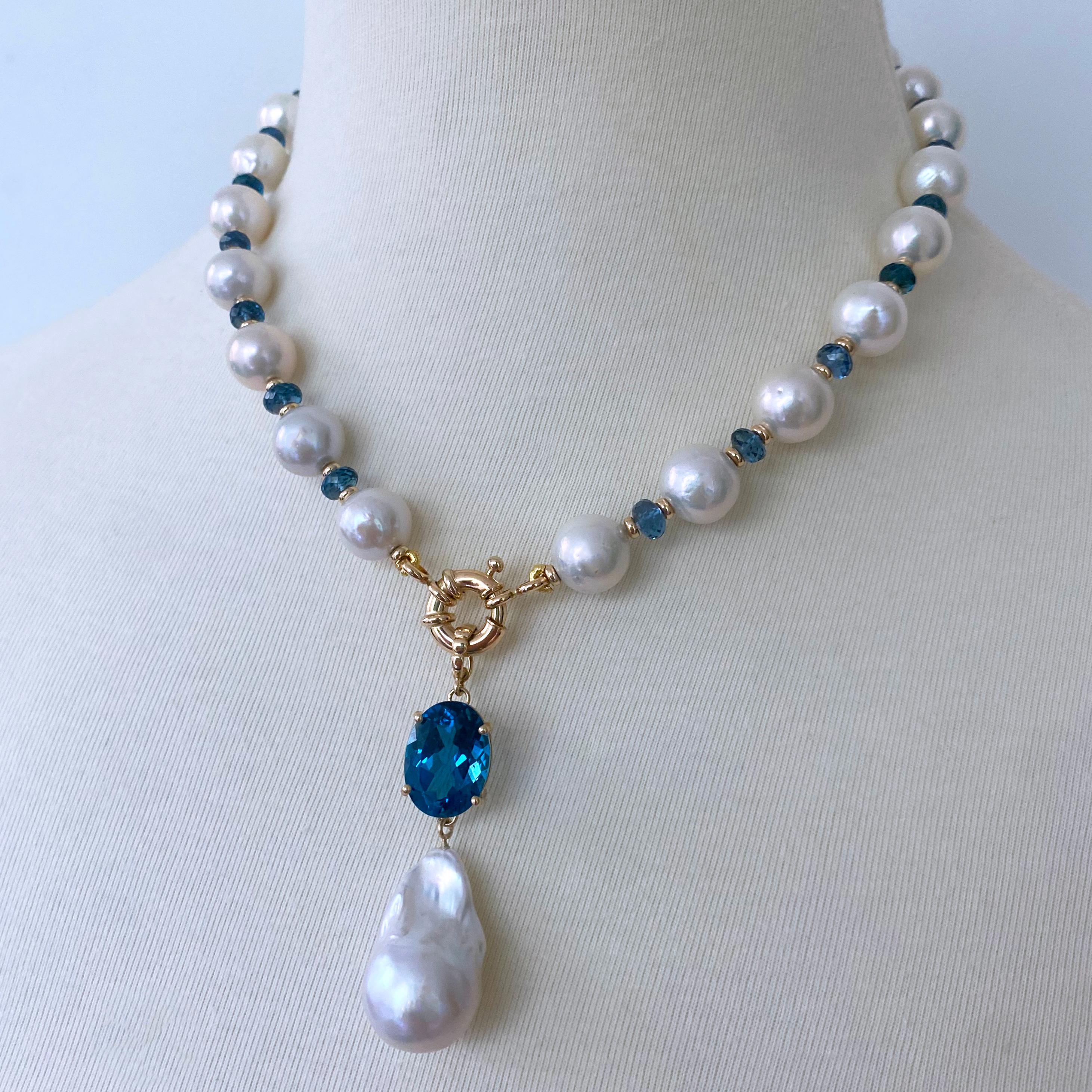 Women's or Men's Marina J. London Blue Topaz, Pearl & Solid 14k Gold Necklace