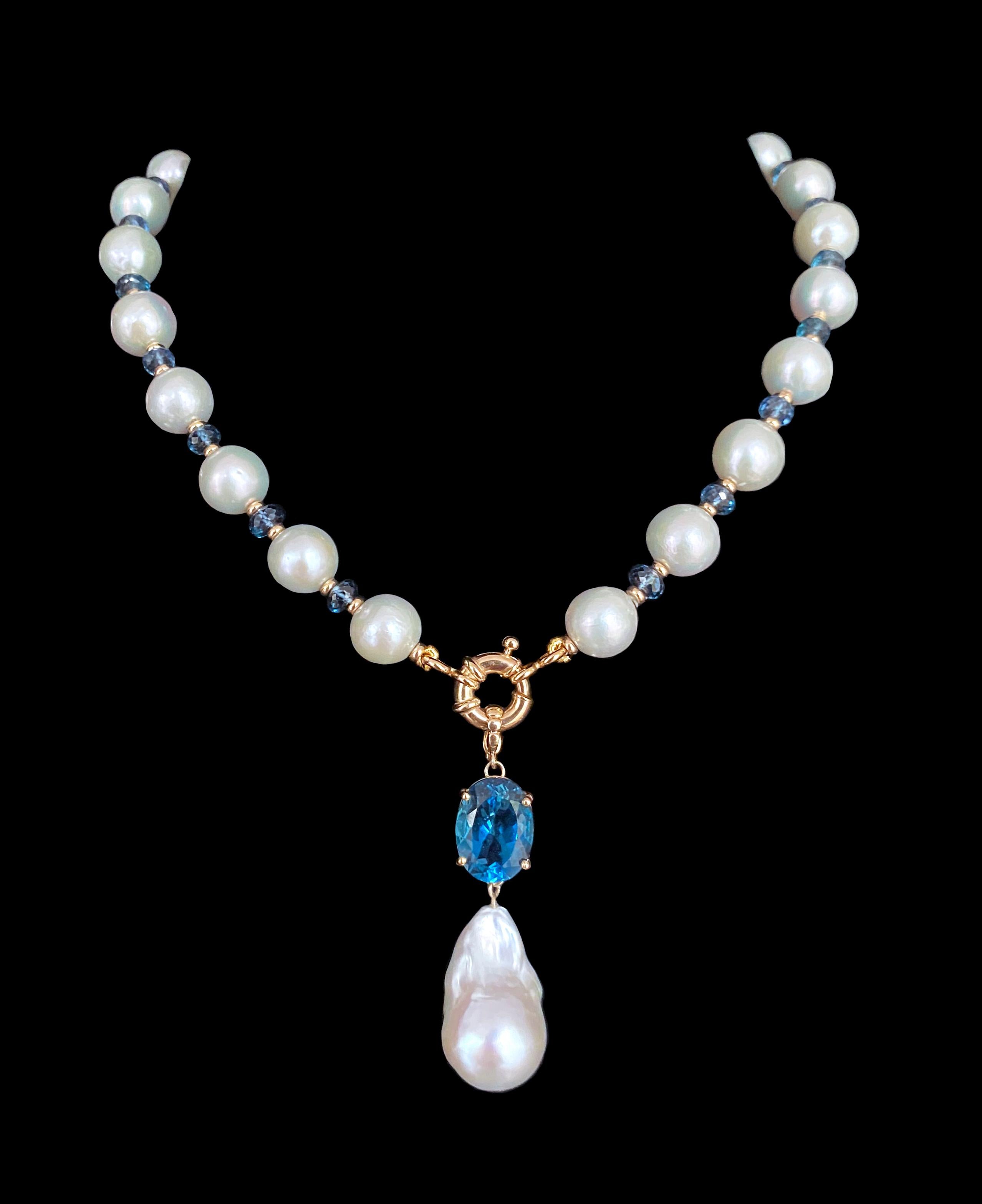 Marina J. London Blue Topaz, Pearl & Solid 14k Gold Necklace 1