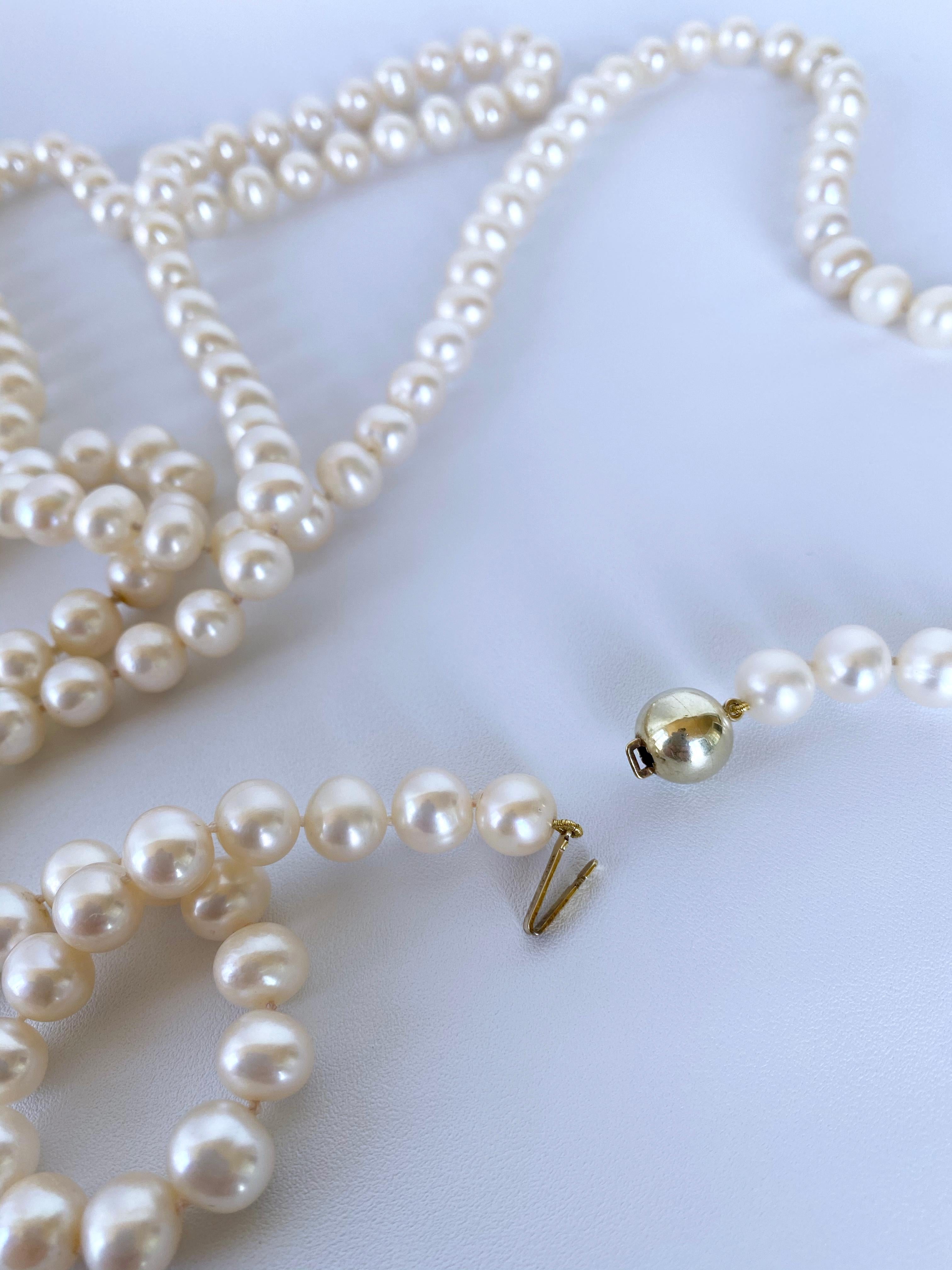 Artisan Marina J. Long Pearl Knotted Necklace with 14k Yellow Gold Ball Clasp