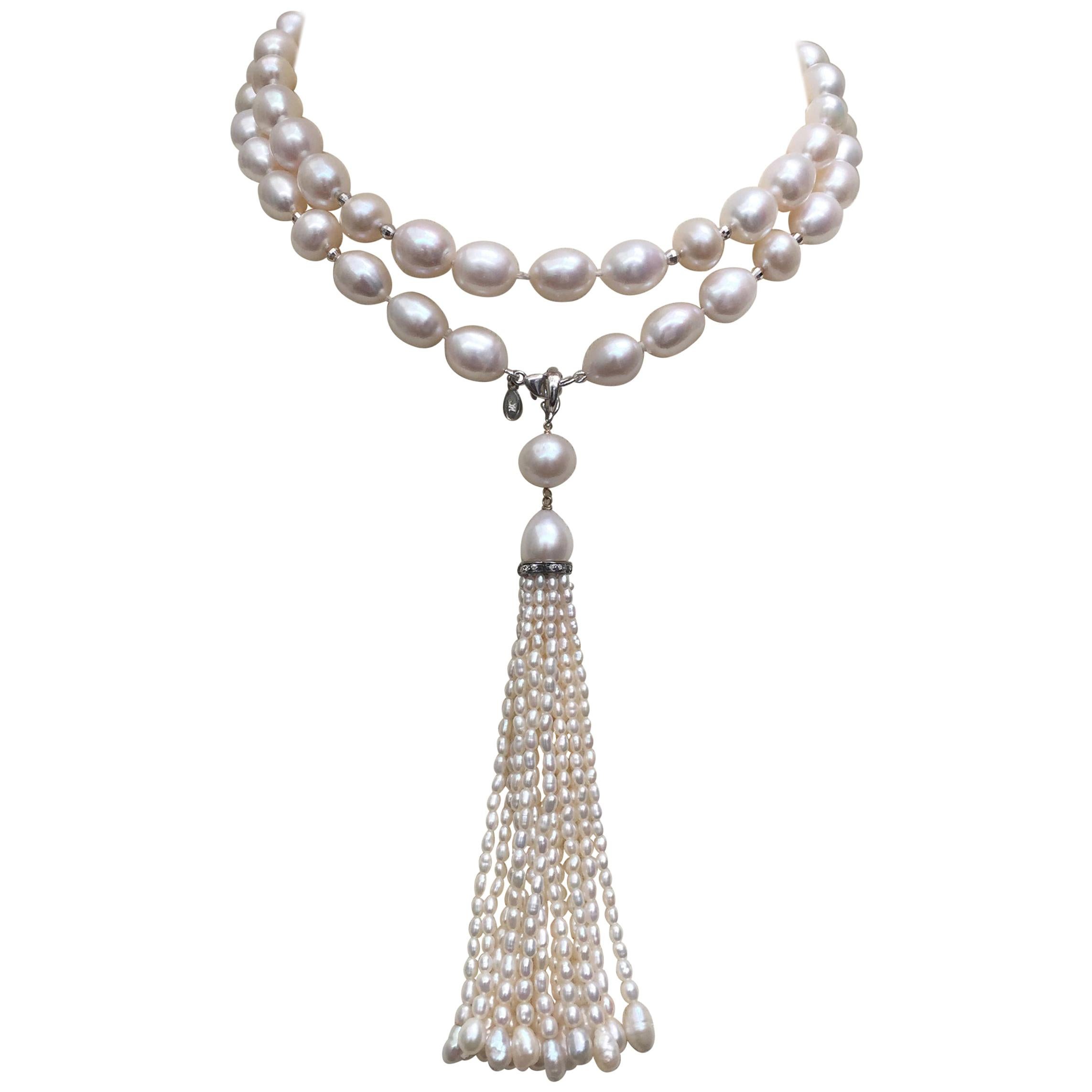 Marina J. Long Pearl Sautoir with Diamond Pearl Tassel and 14K White Gold Clasp